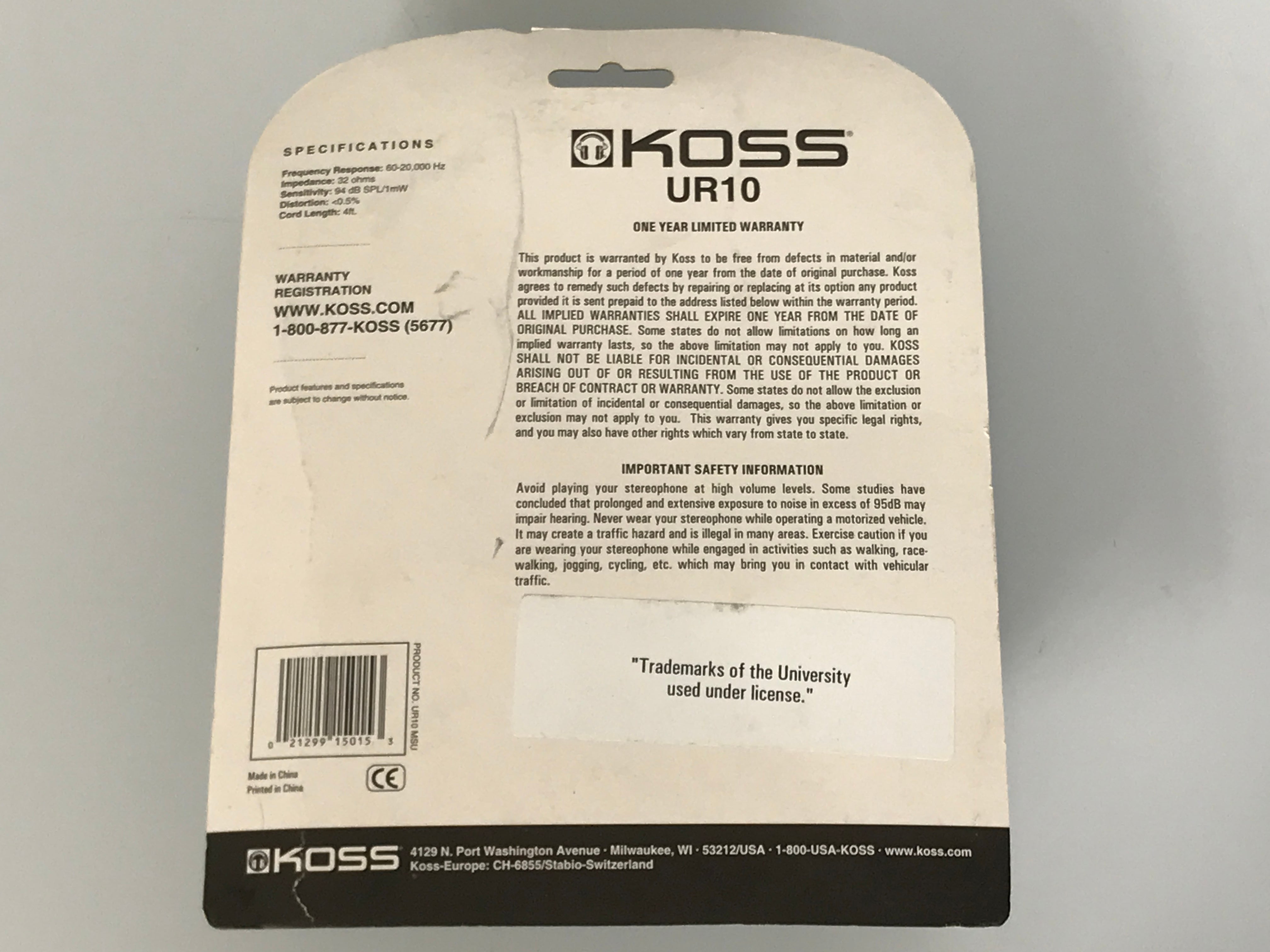 Koss UR10 MSU Deep Bass Headphones *New in Package*