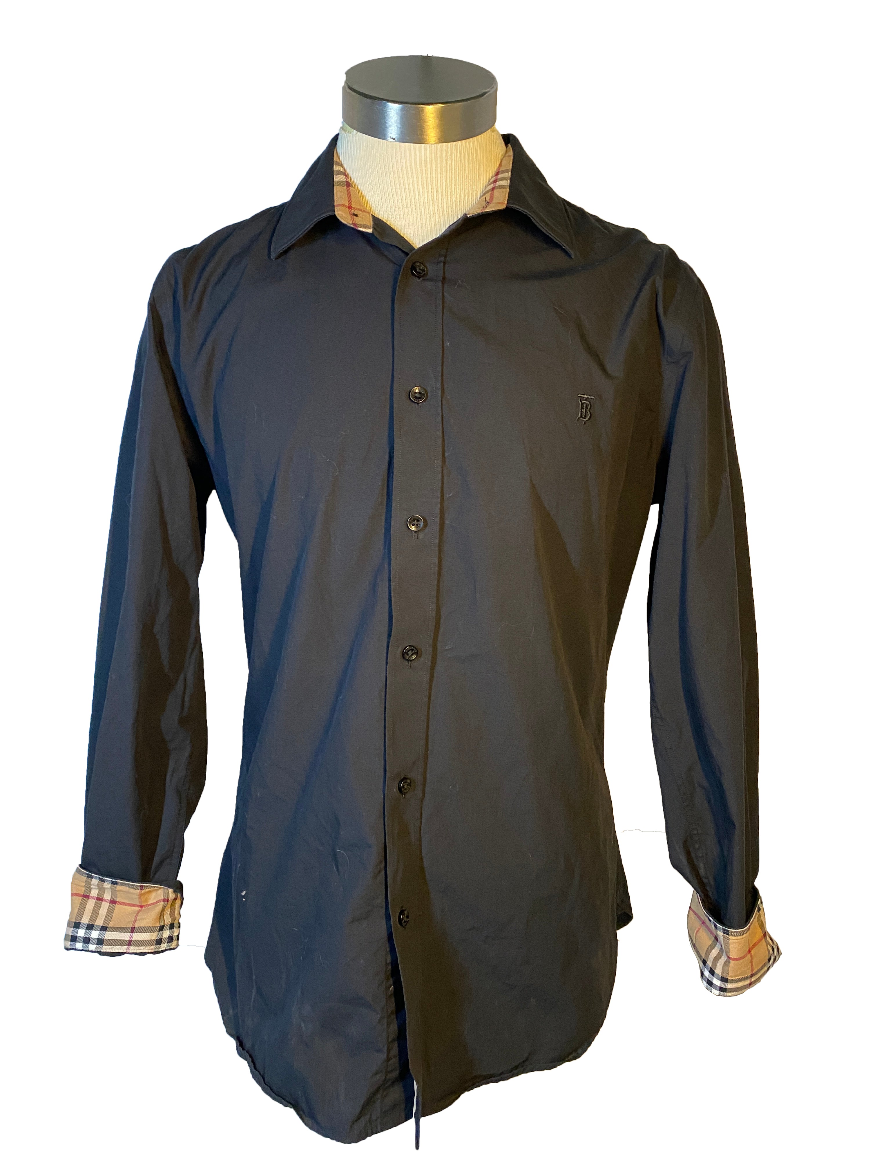 Burberry London Black Long Sleeve Button Down w/ Nova Check in Cuffs and Collar Men's Size L