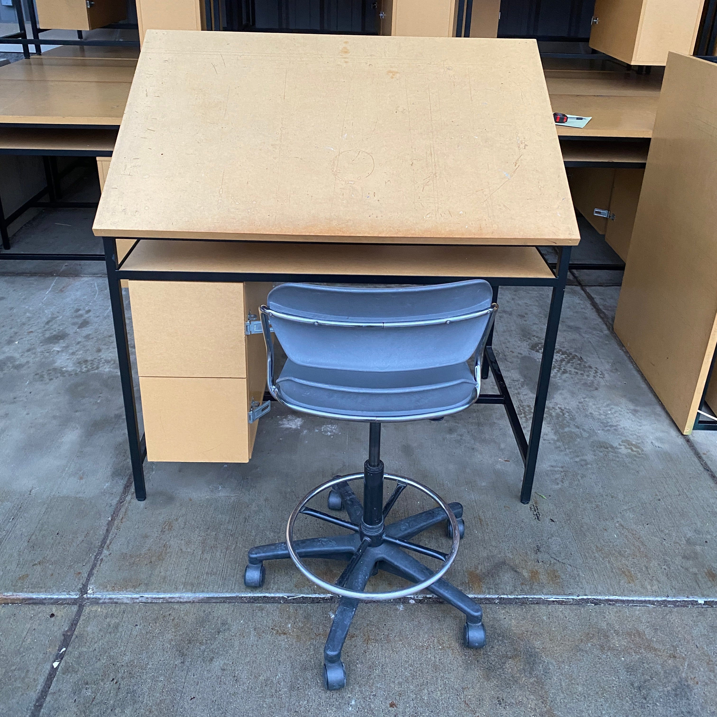 Wooden Drafting Desk and Grey Office Chair Set