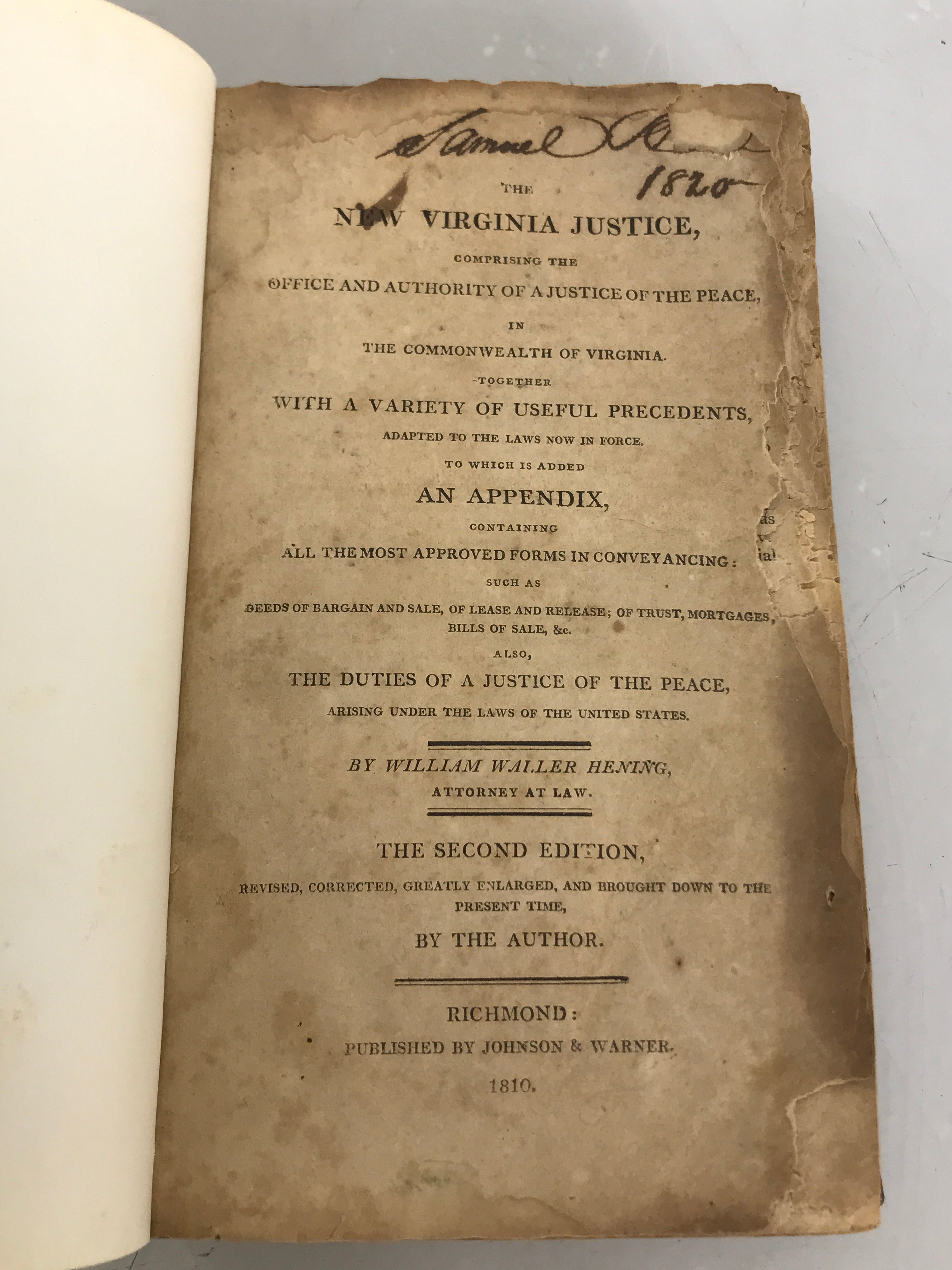 The New Virginia Justice by William Hening Second Edition 1810 HC Re-cased