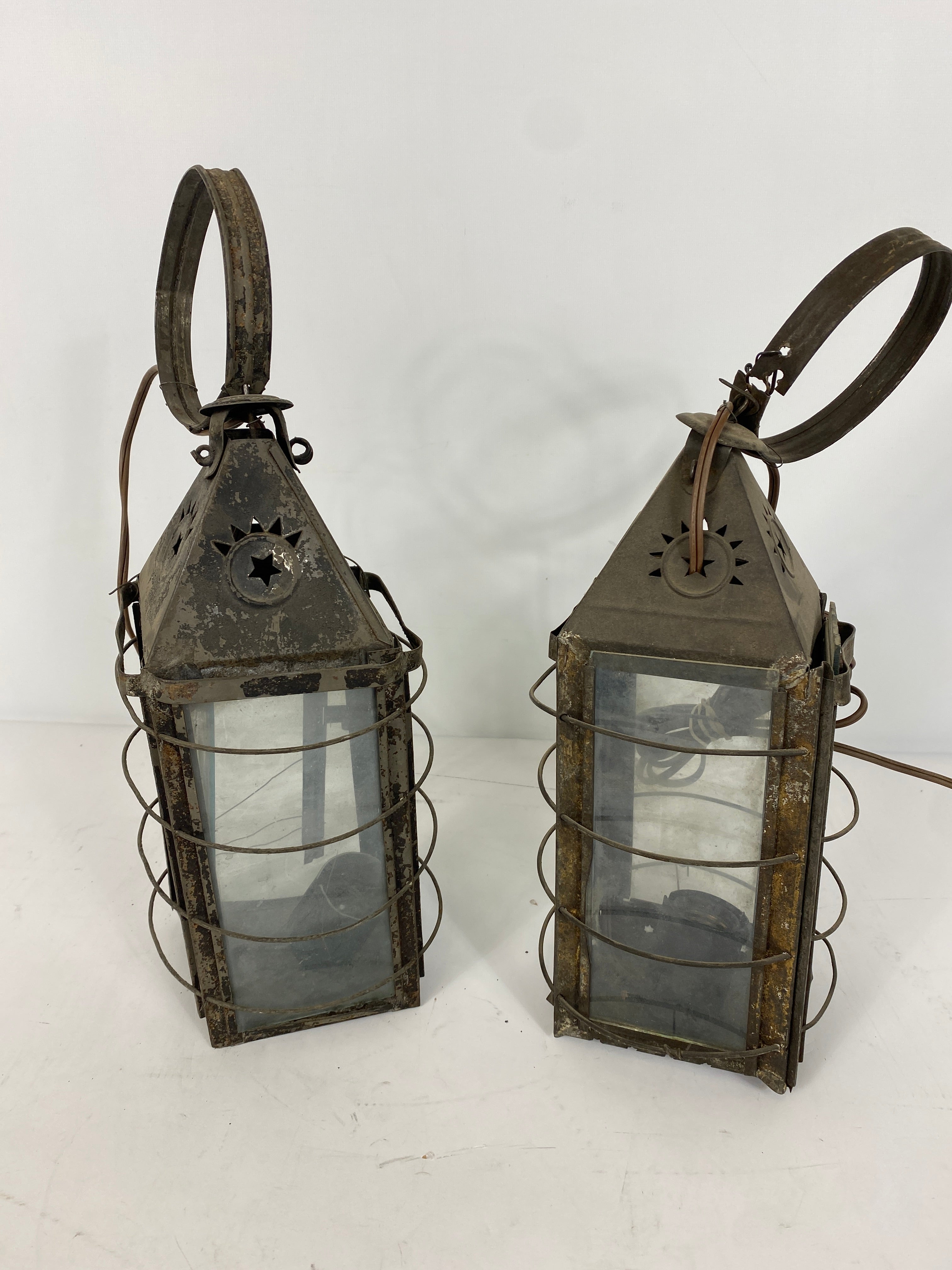 Pair of Antique "Paul Revere" Punched Tin Pioneer Lanterns