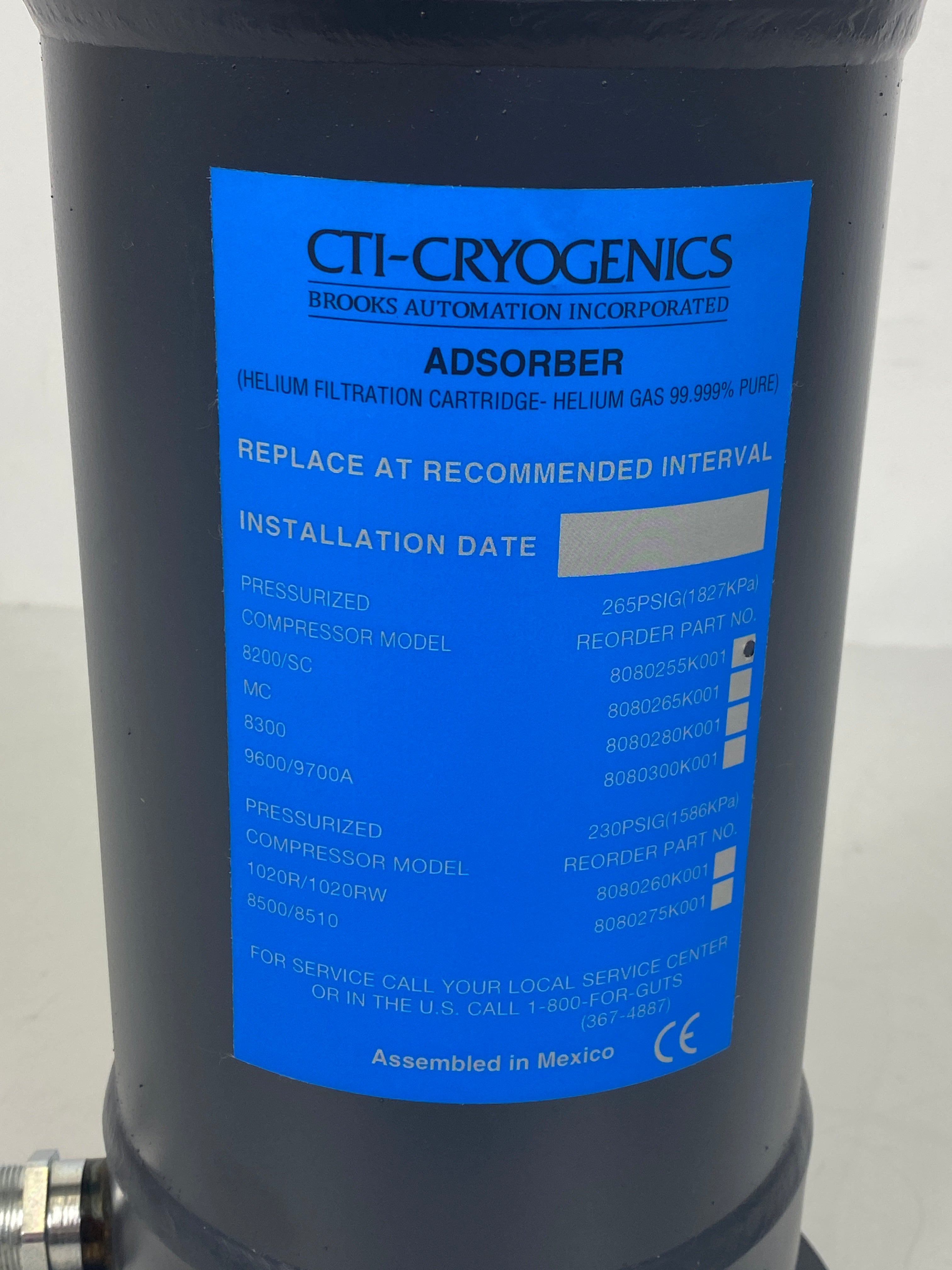 CTI Cryogenics Helix 8080255K001 8200/SC Helium Titration Cartridge Adsorber New