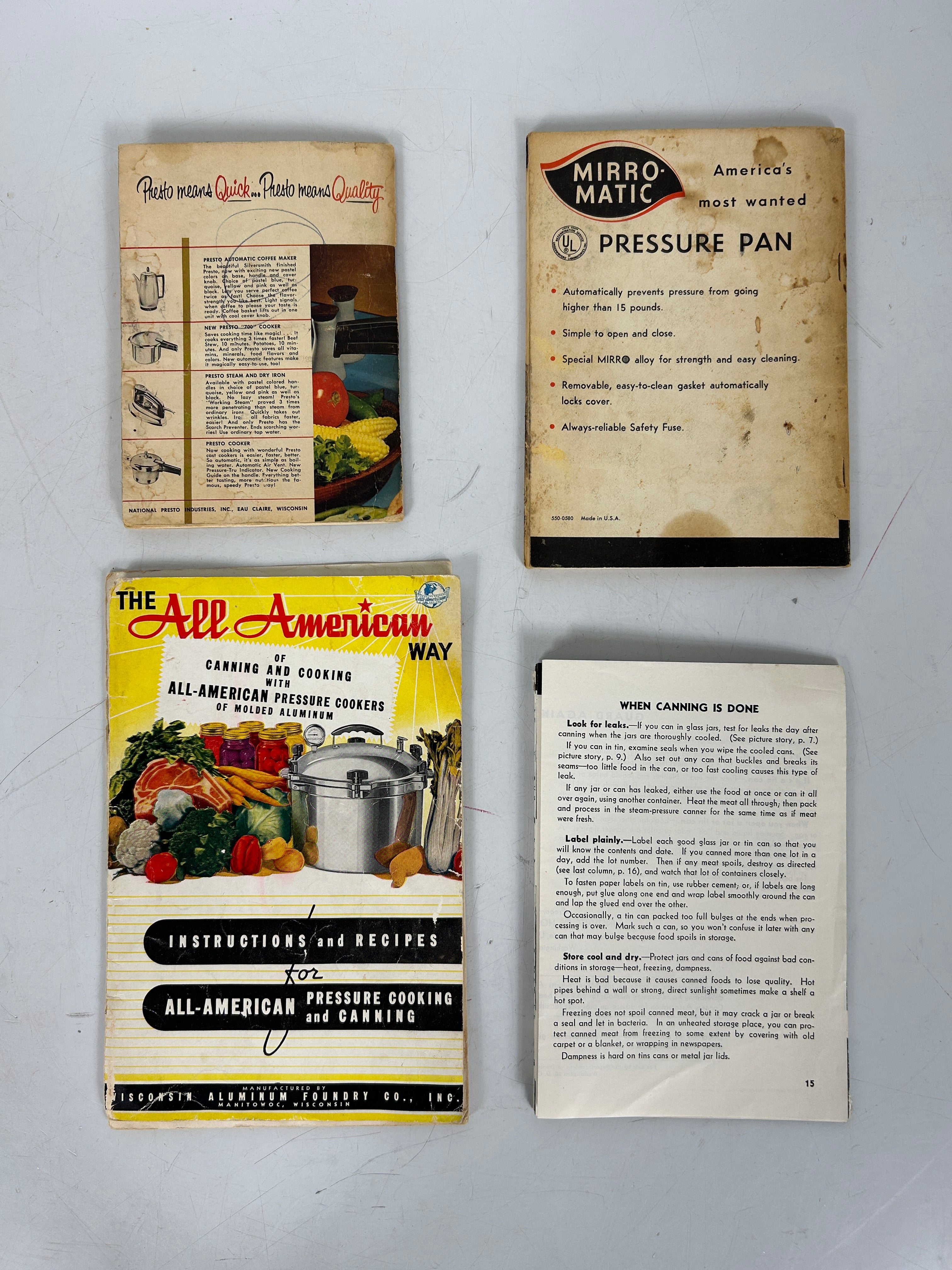 4 Vintage Pressure Cooker Recipe Booklets: Presto/Mirro/All American/USDA SC