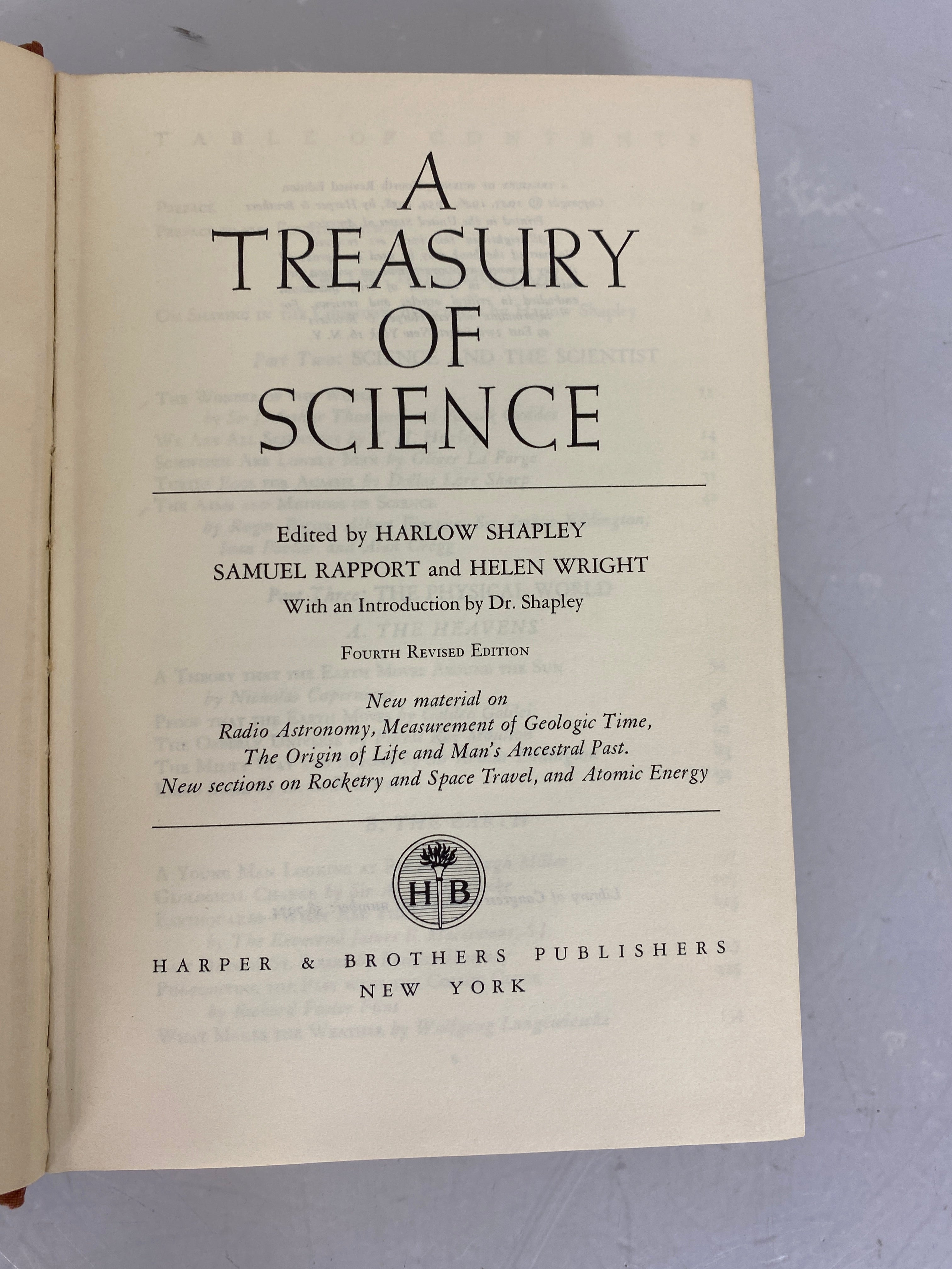 A Treasury of Science by Harlow Shapley Fourth Revised Edition 1958 HC DJ