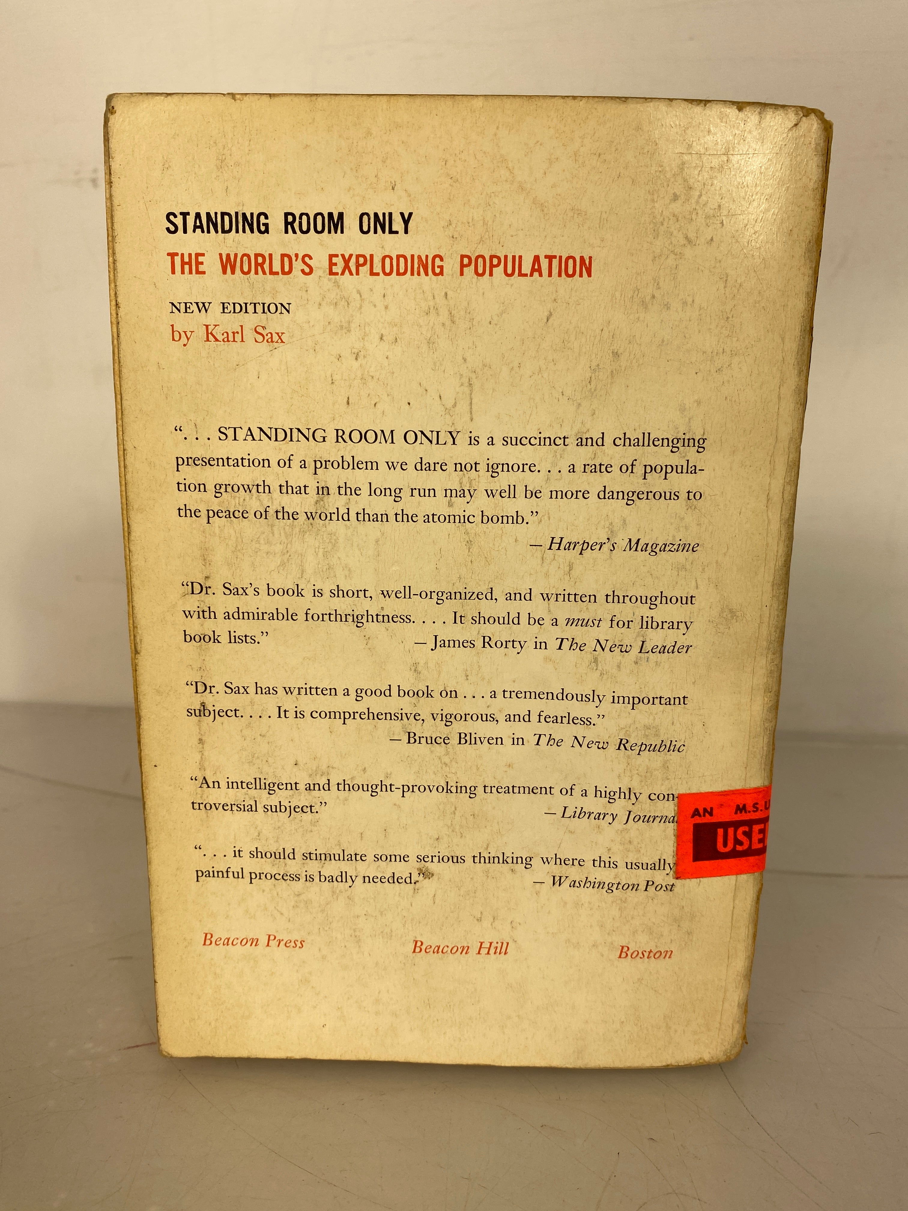 Standing Room Only the World's Exploding Population by Karl Sax New Ed 1960 SC