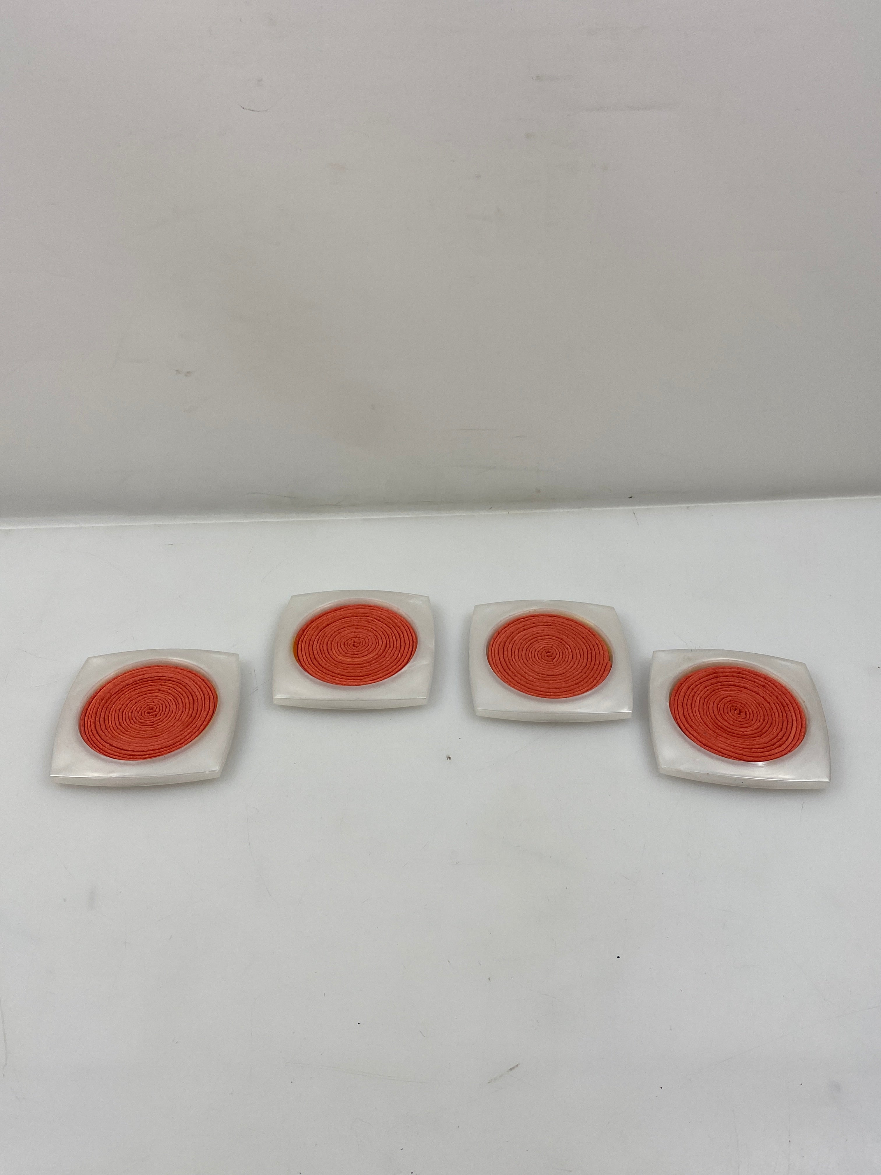 Mid Century Modern Lucite Raffia Coaster Set of 4