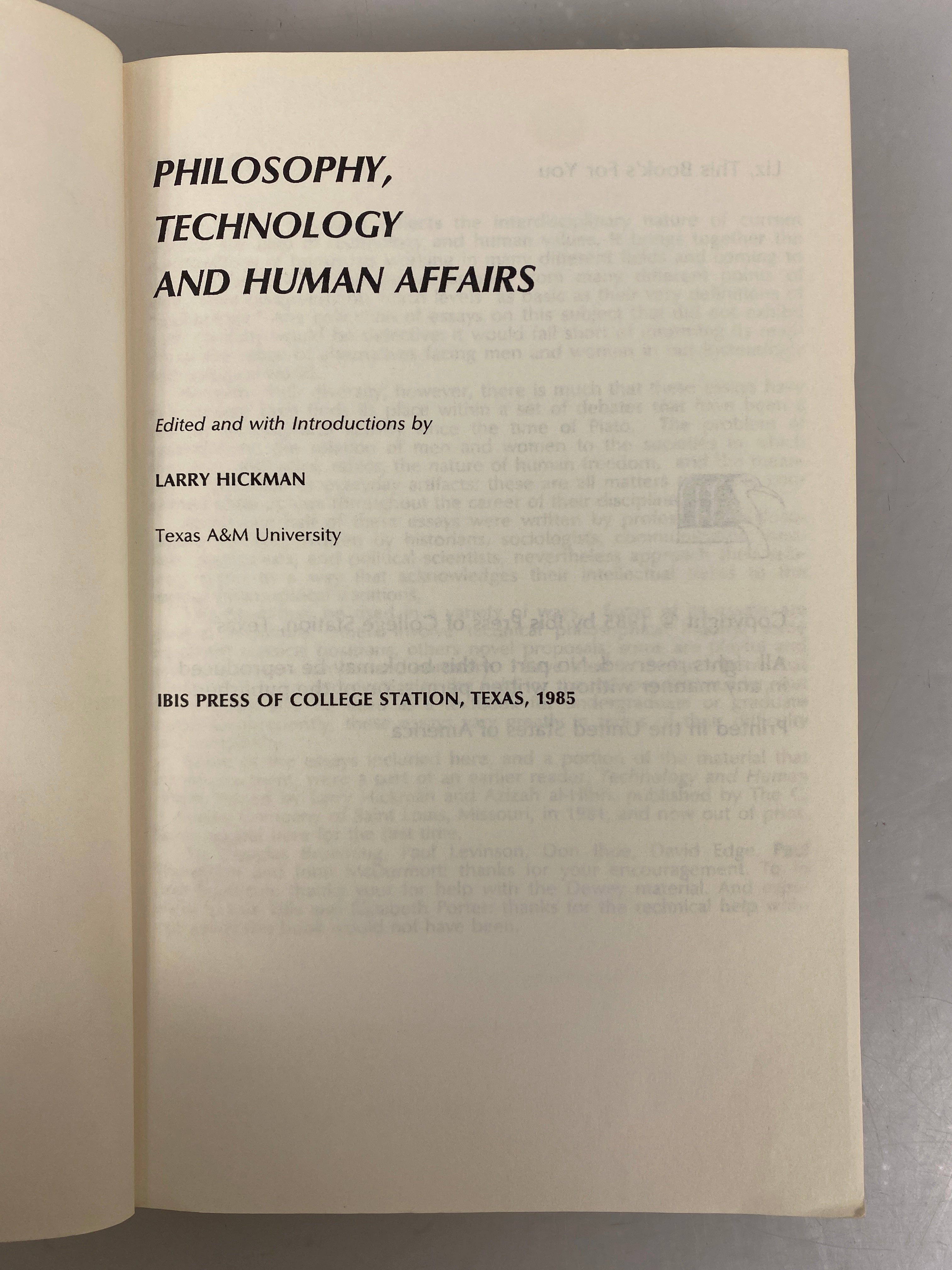 Philosophy Technology & Human Affairs by Larry Hickman 1985 SC
