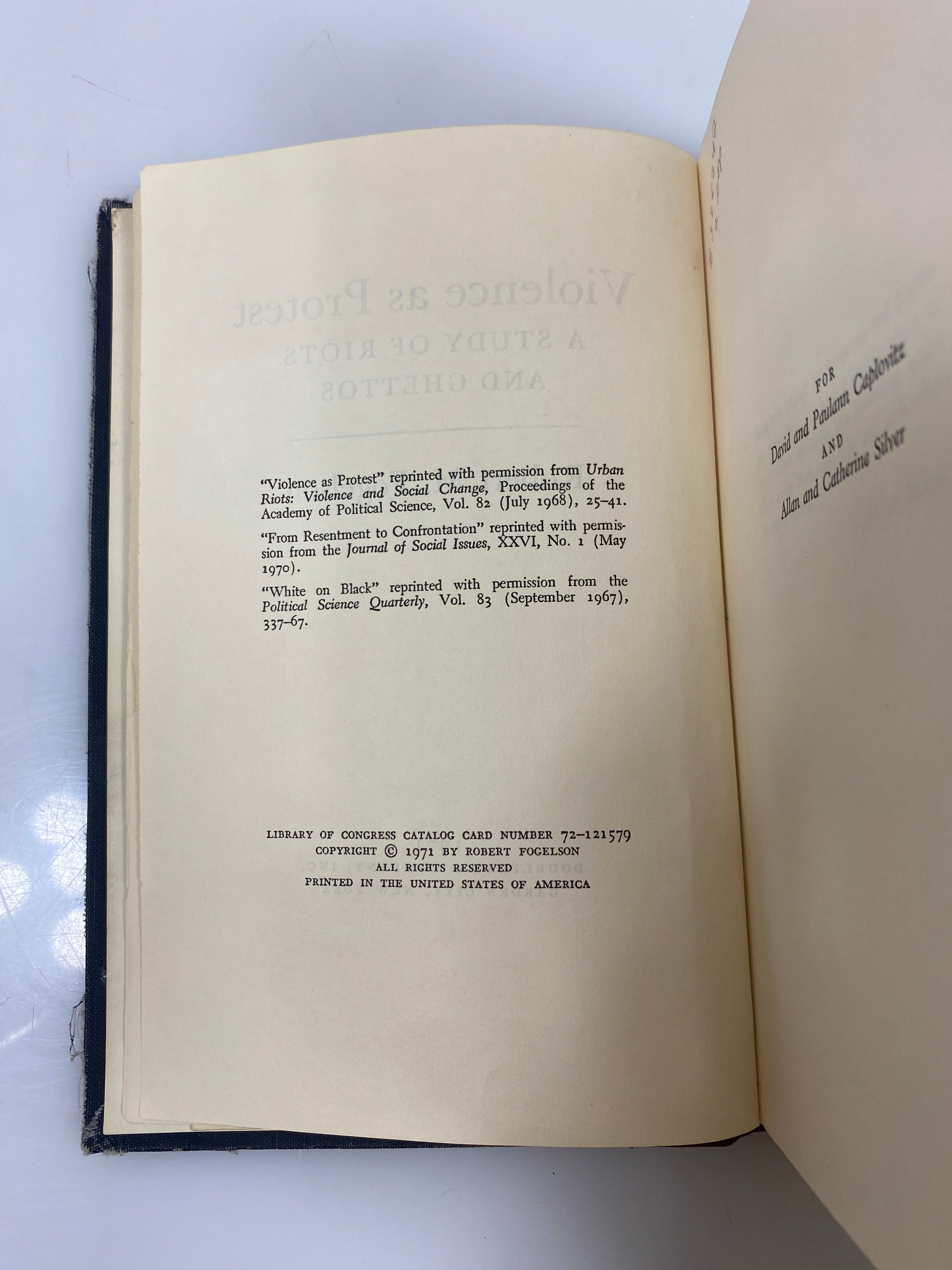 Violence as Protest by Robert Fogelson Ex-library 1971 HC