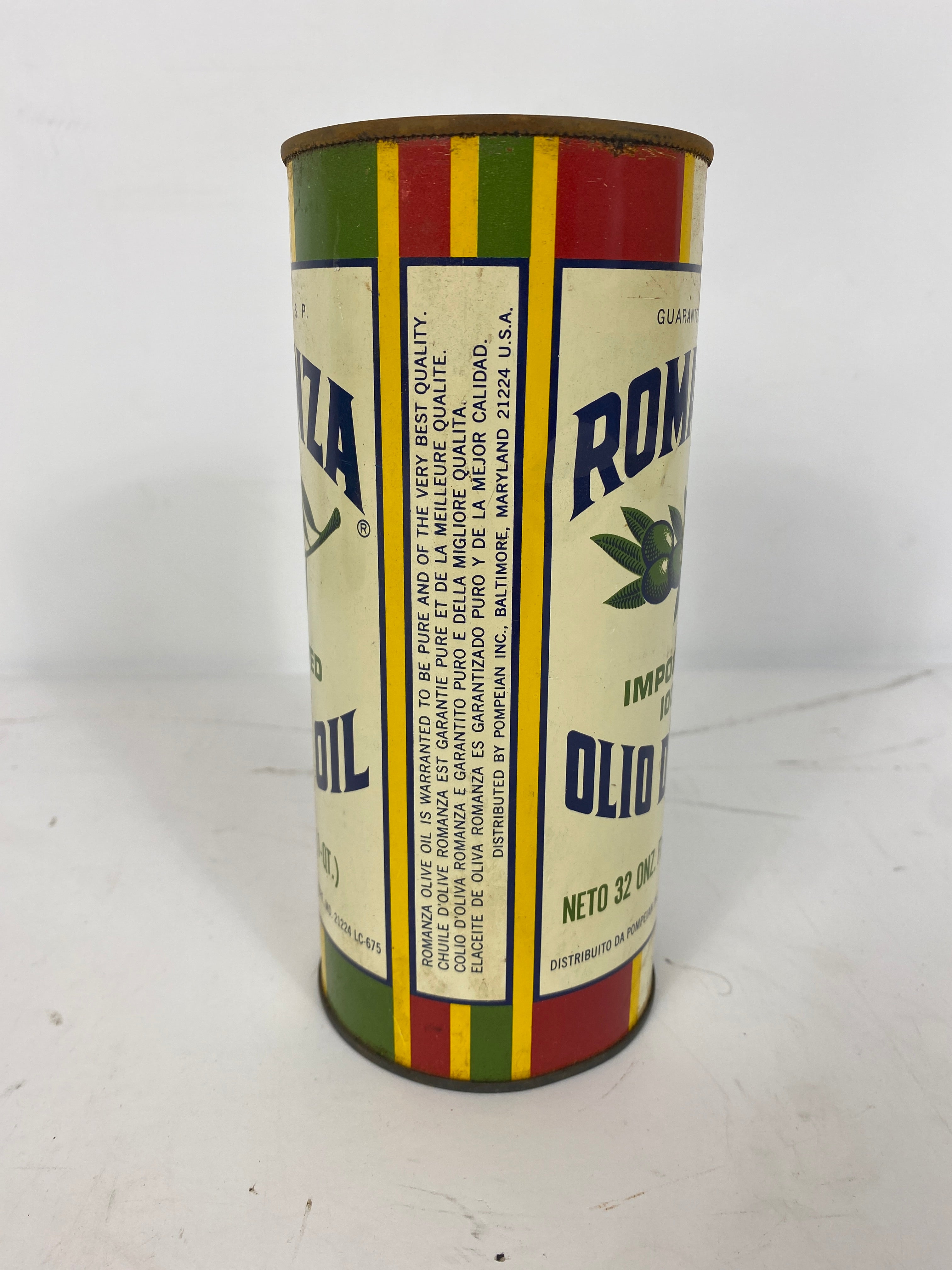 Vintage ROMANZA Olive Oil Tin Can 32 OZ