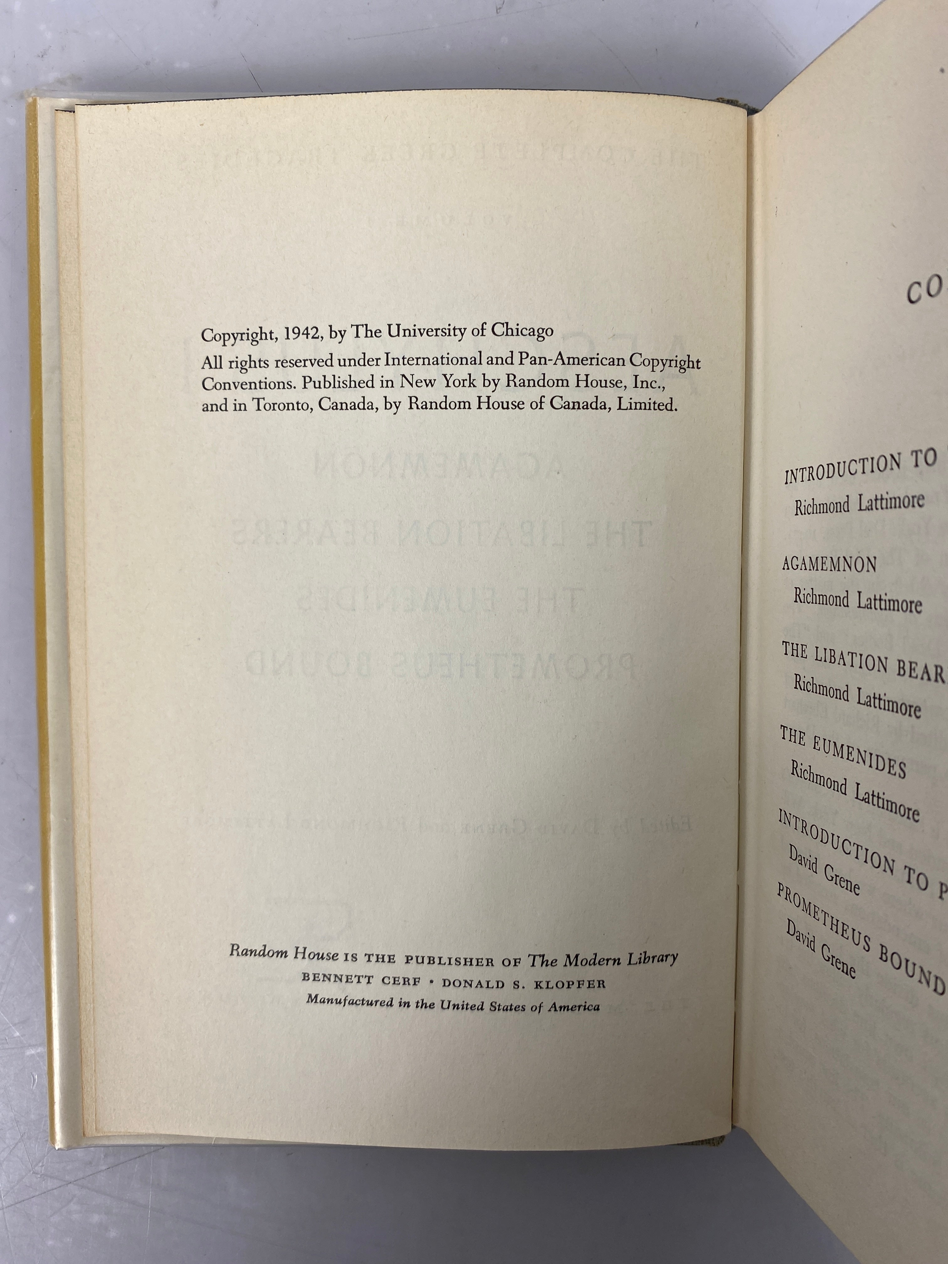 2 Volumes: Aeschylus I and II A Modern Library Book by Grene/Lattimore HCDJ