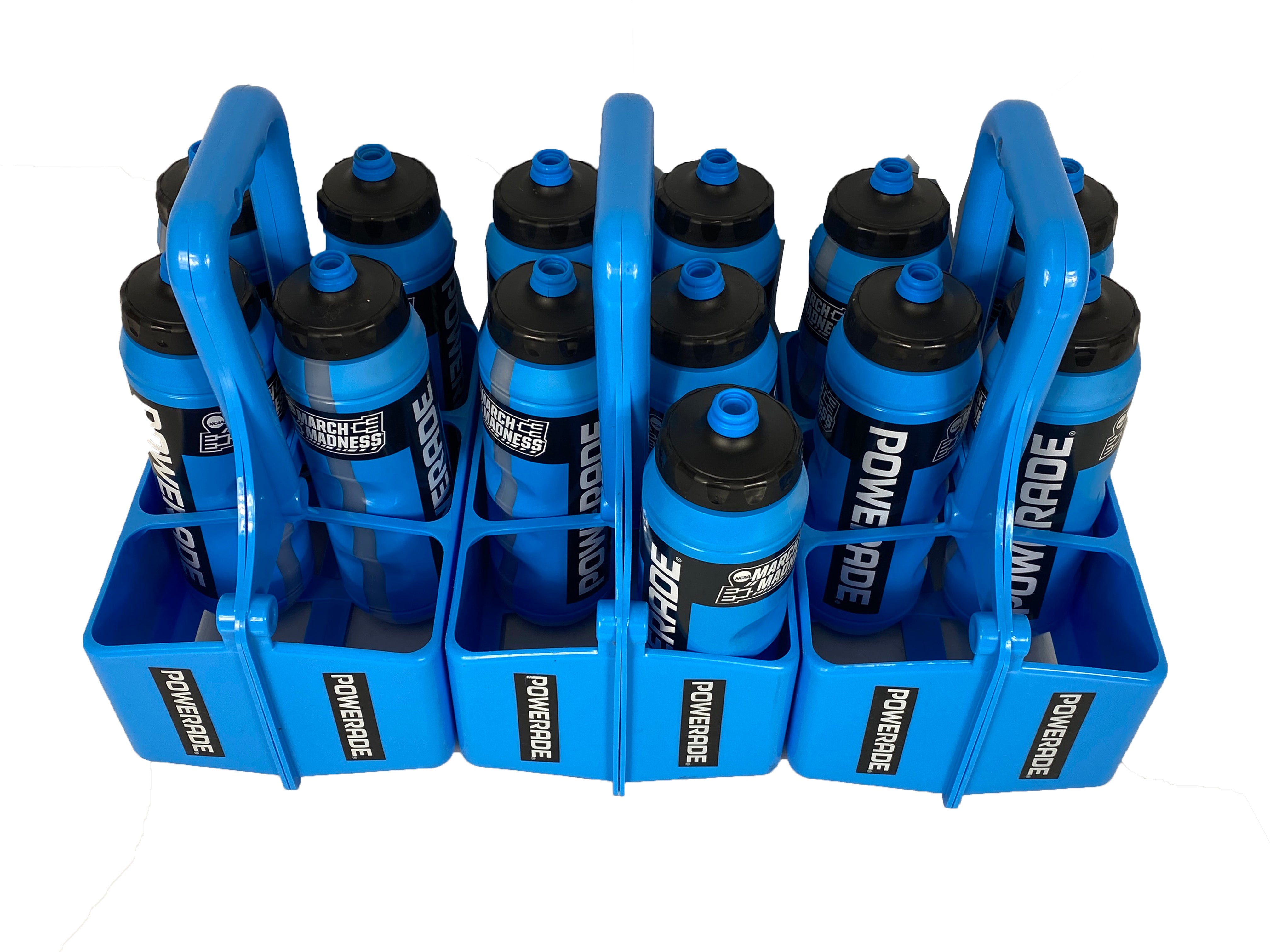 Set of 13 NCAA March Madness Blue Powerade Bottles with Carriers