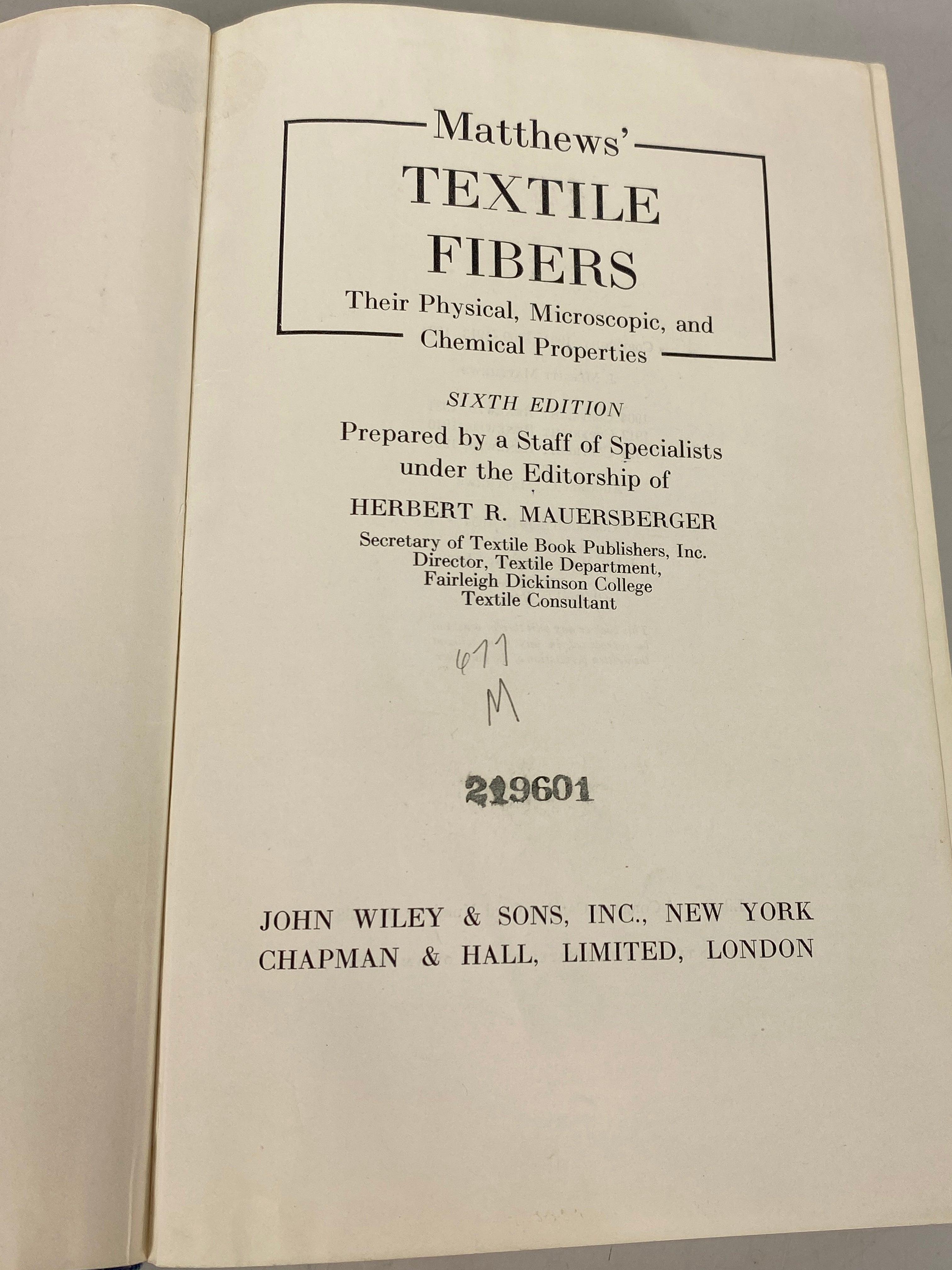 Matthews' Textile Fibers by Mauersberger 1954 John Wiley & Sons Ex-Library HC