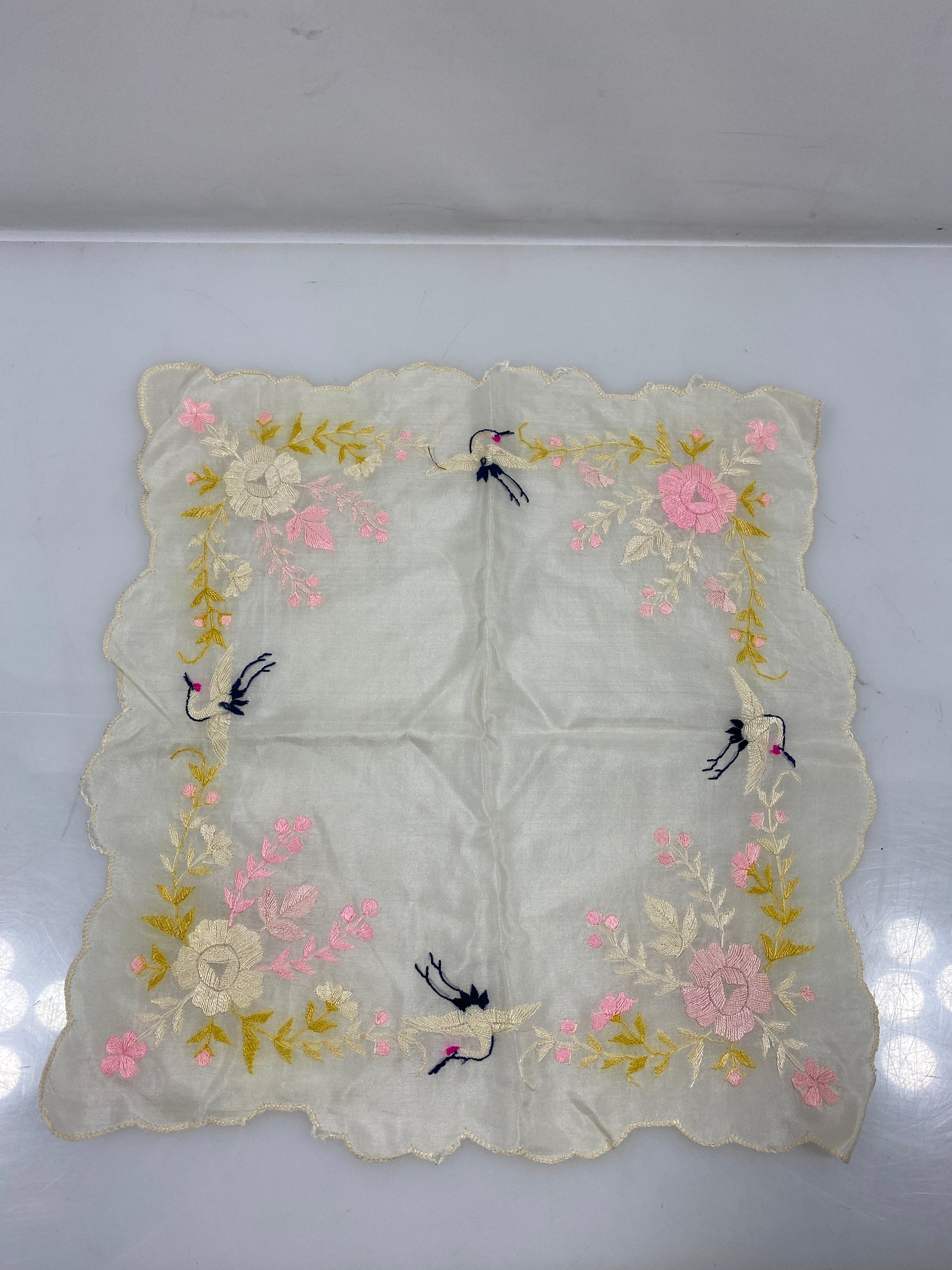 Vintage 1910s White Sheer Linen Handkerchief with Embroidery of Flowers and Cranes