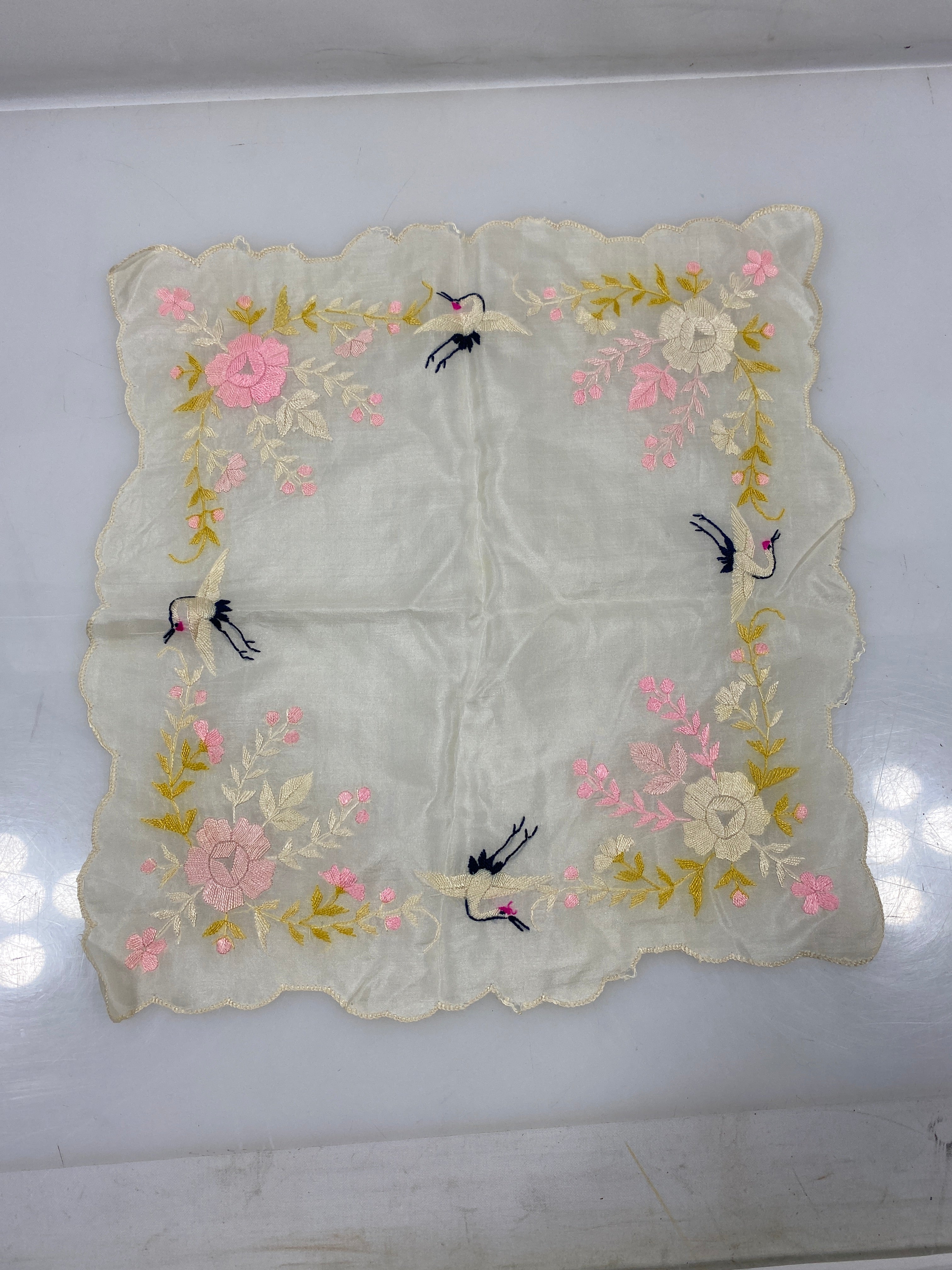 Vintage 1910s White Sheer Linen Handkerchief with Embroidery of Flowers and Cranes