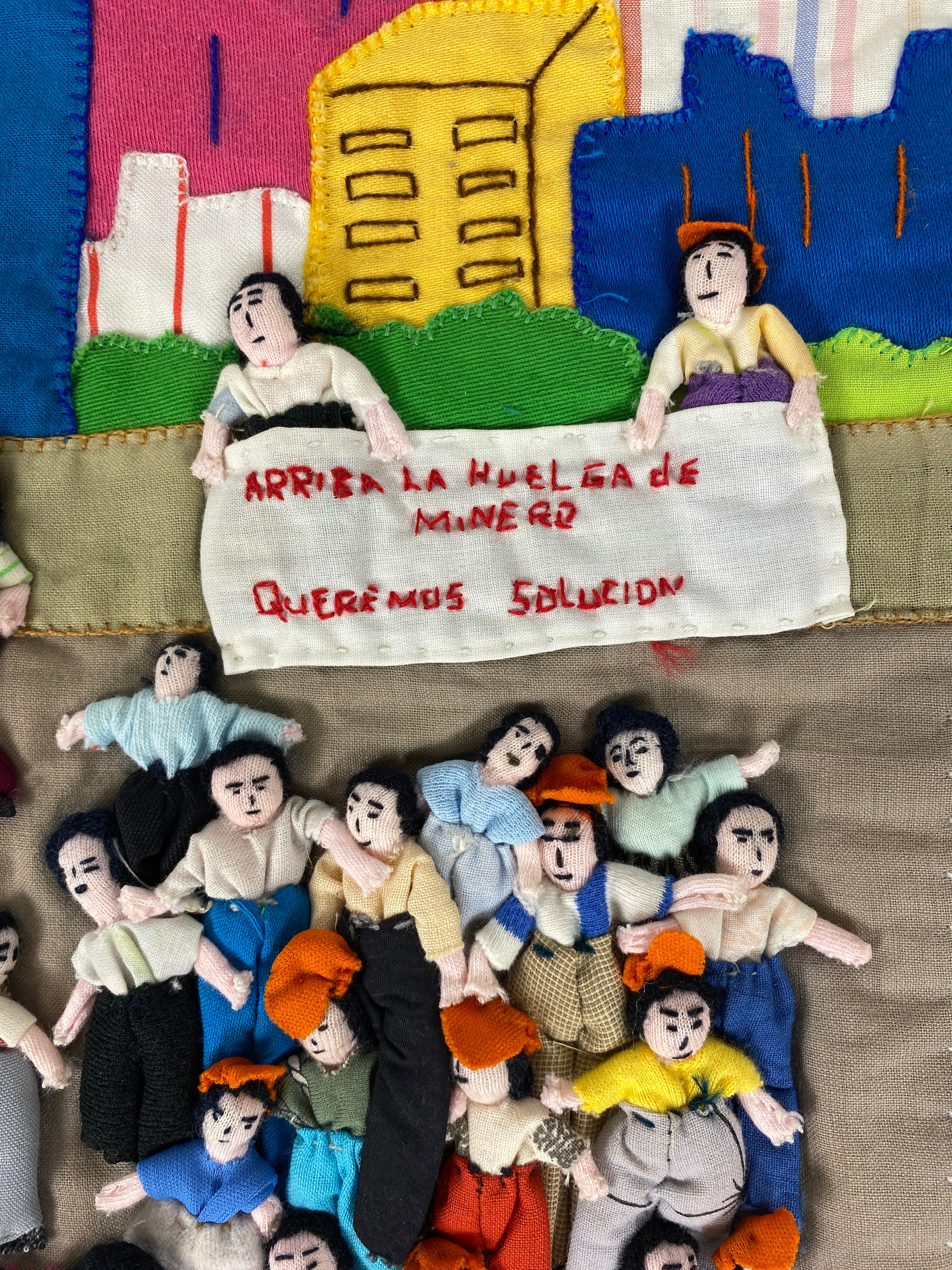 1990 Hand-Sewn Peruvian Arpillera "Huelga Deminero" 19x17