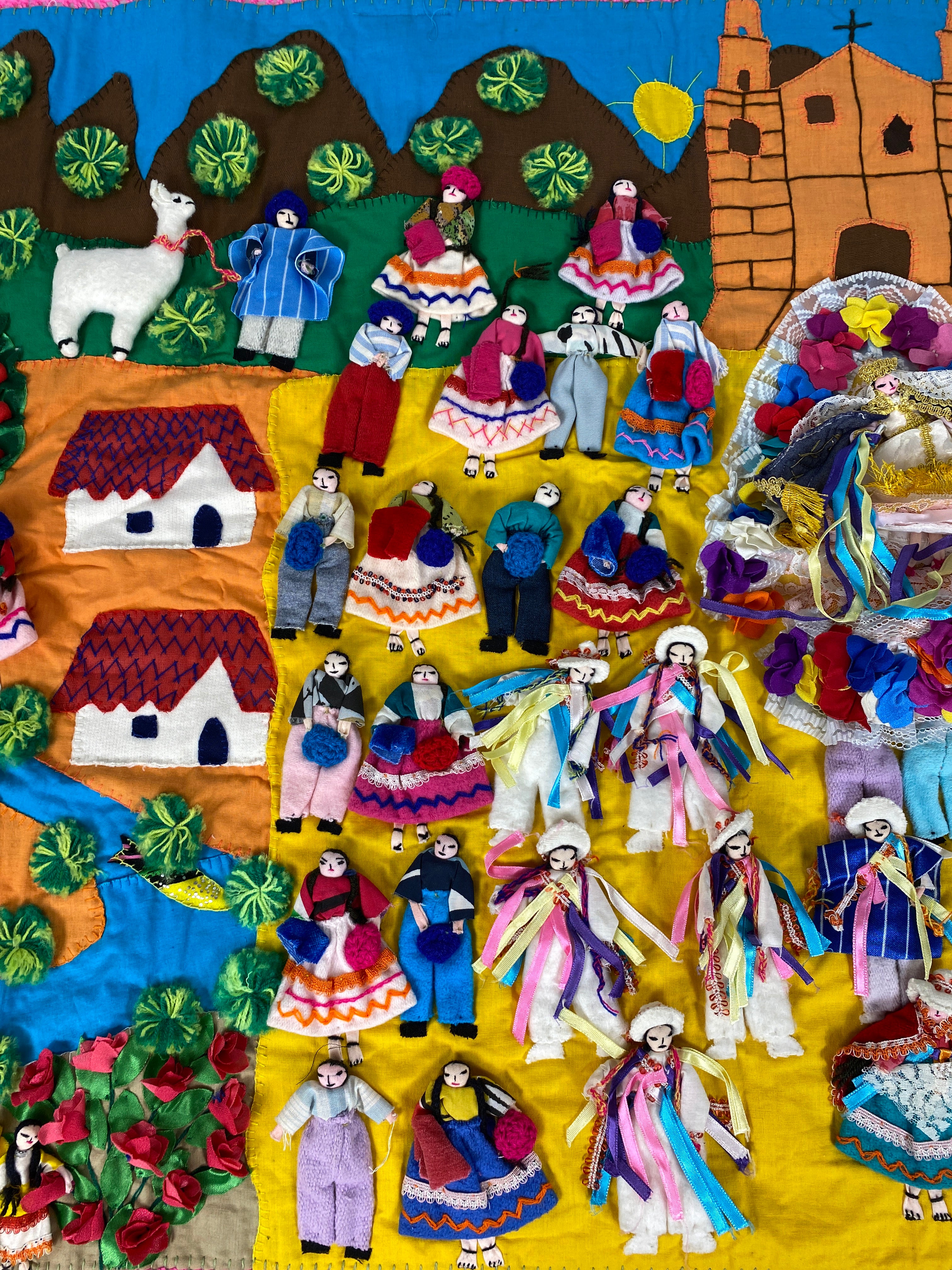 Large 1989 Hand-Sewn Peruvian Arpillera "Procession of the Virgin" 62x31