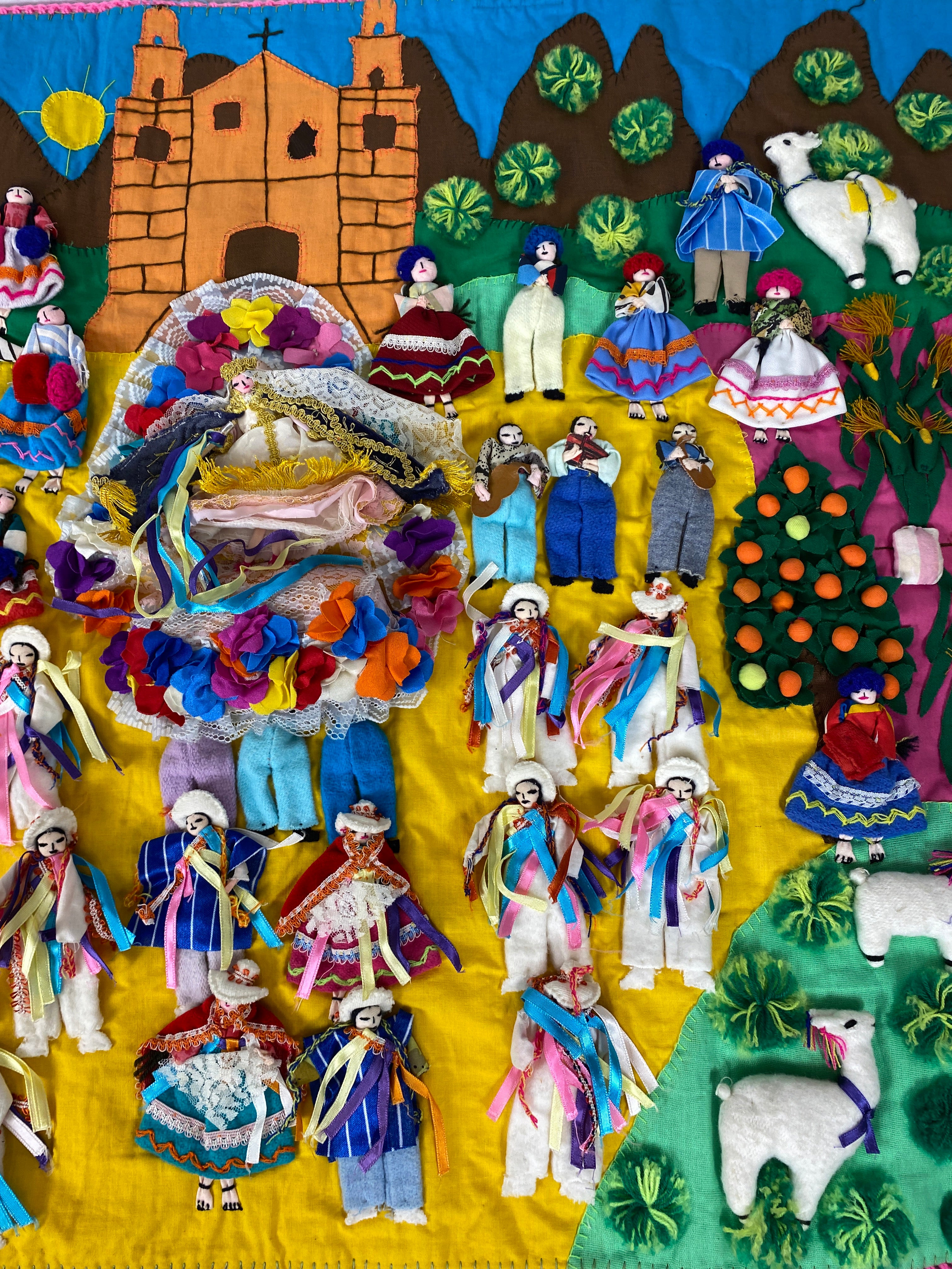 Large 1989 Hand-Sewn Peruvian Arpillera "Procession of the Virgin" 62x31