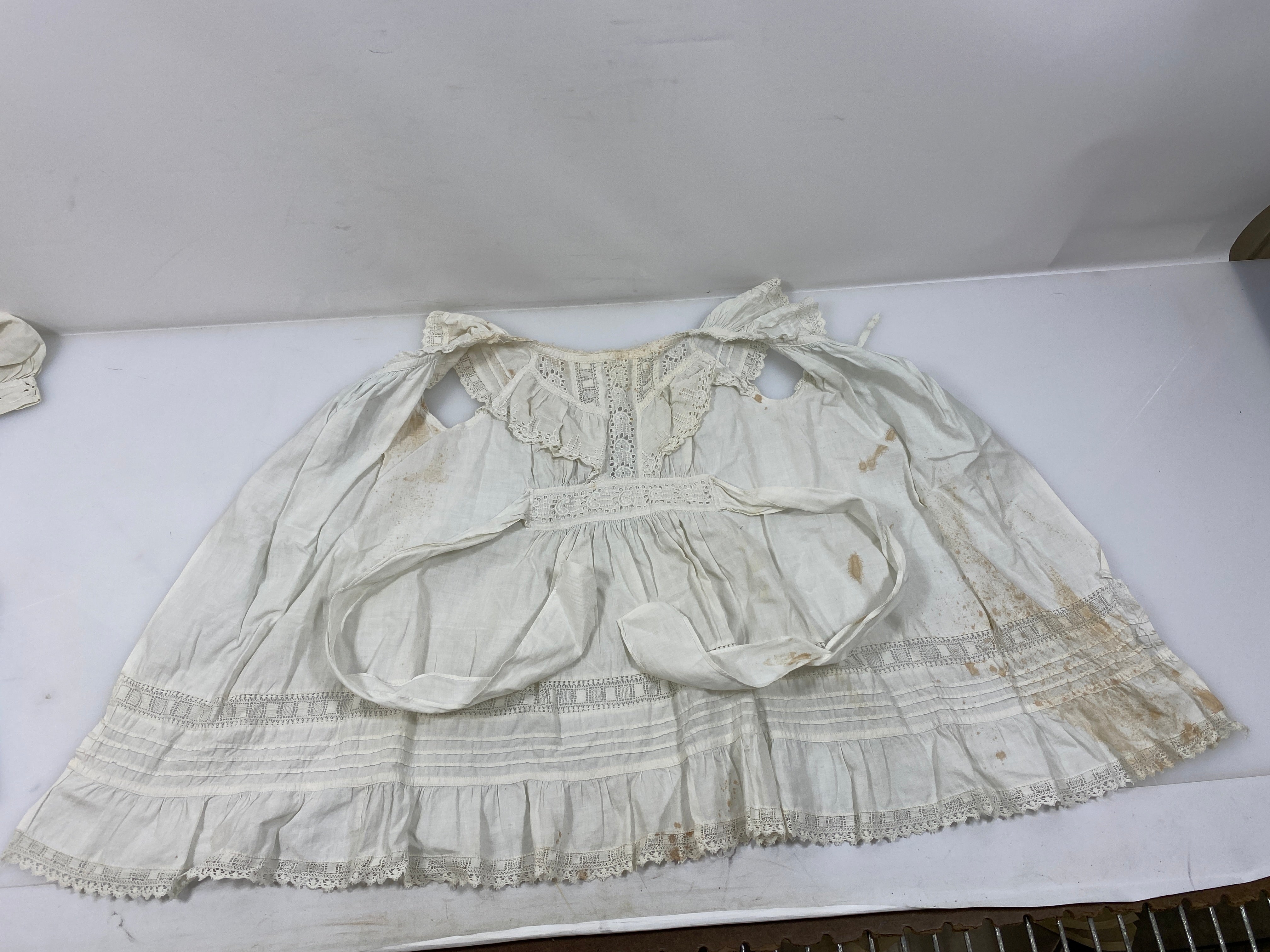 Vintage 1920s White Linen Infant's Dress with Intricate Eyelet Lace Details