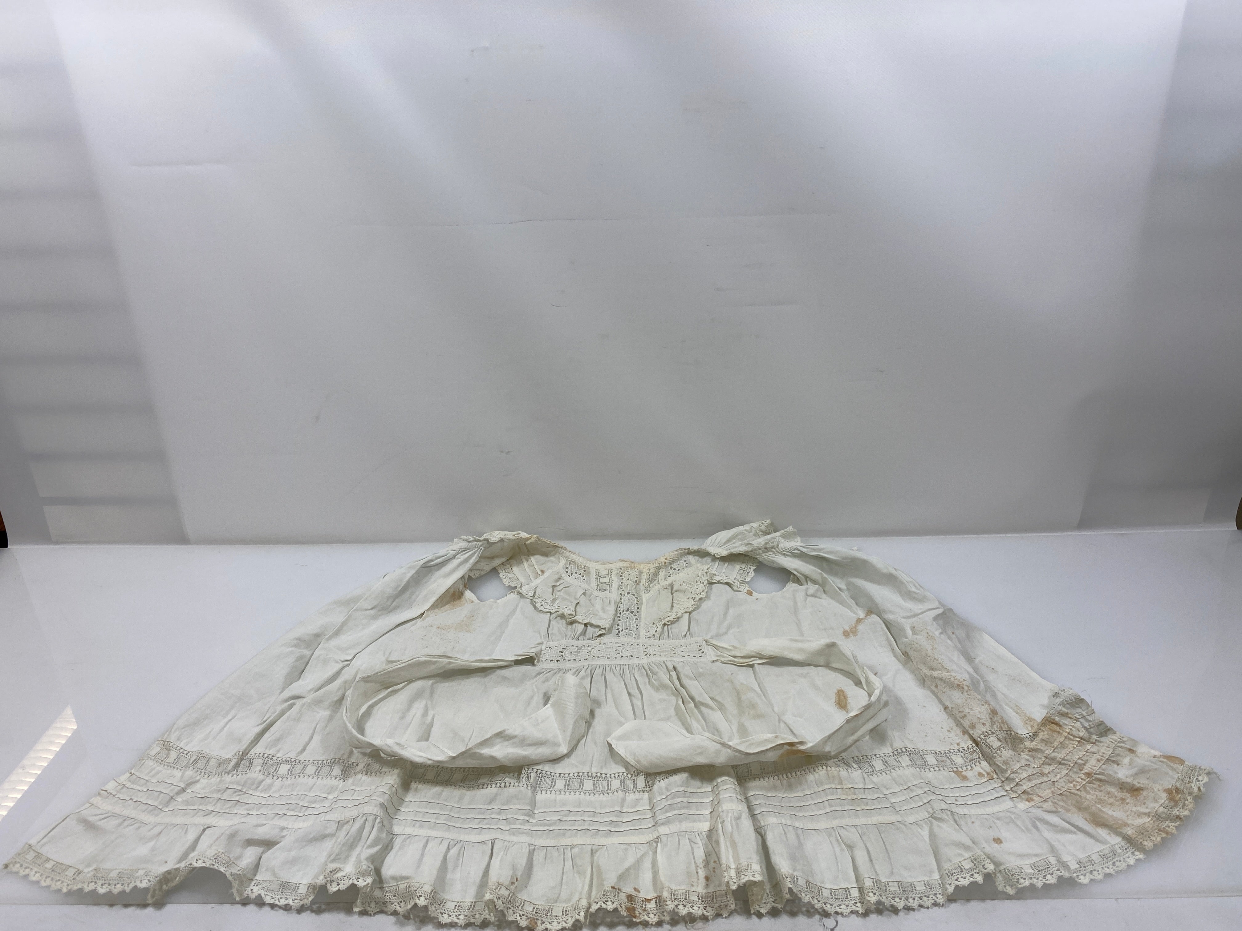 Vintage 1920s White Linen Infant's Dress with Intricate Eyelet Lace Details