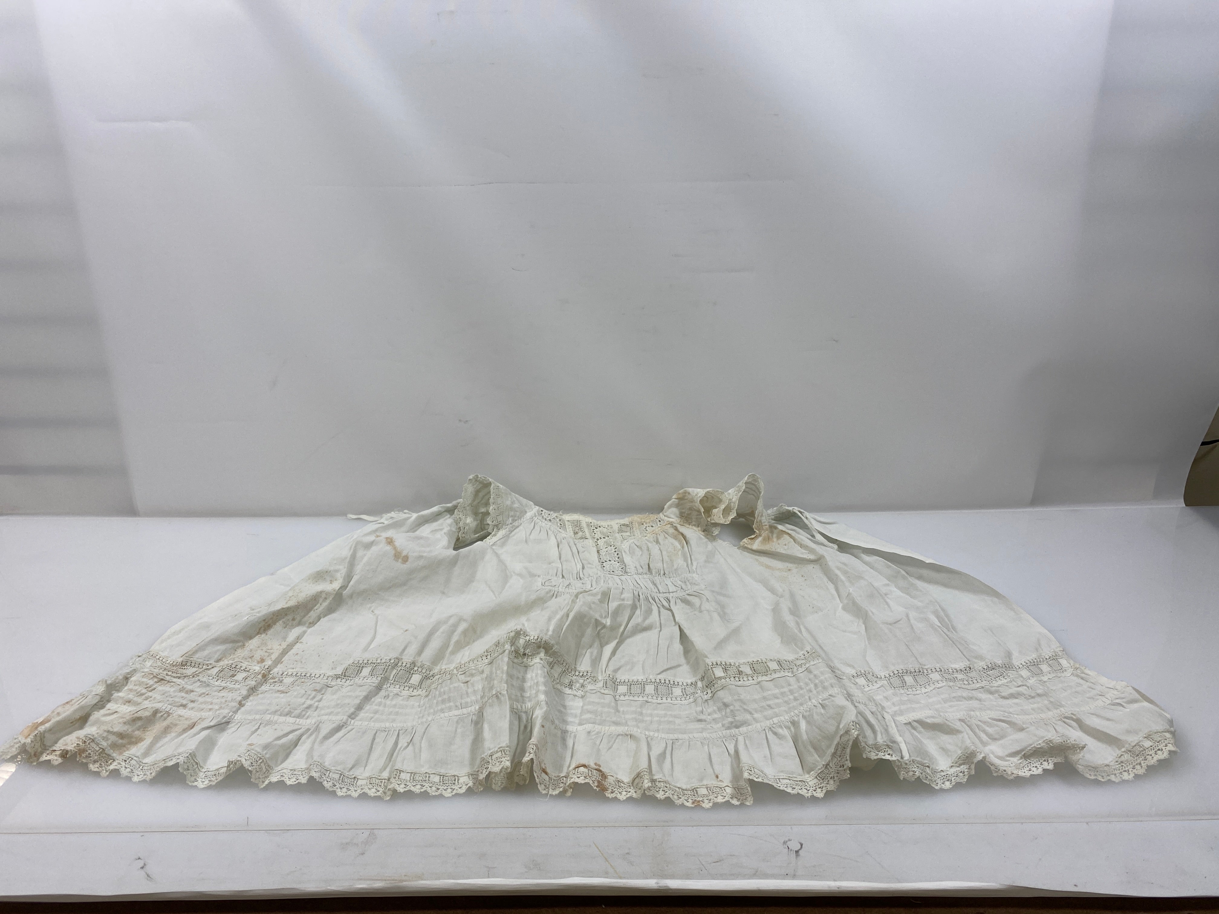 Vintage 1920s White Linen Infant's Dress with Intricate Eyelet Lace Details