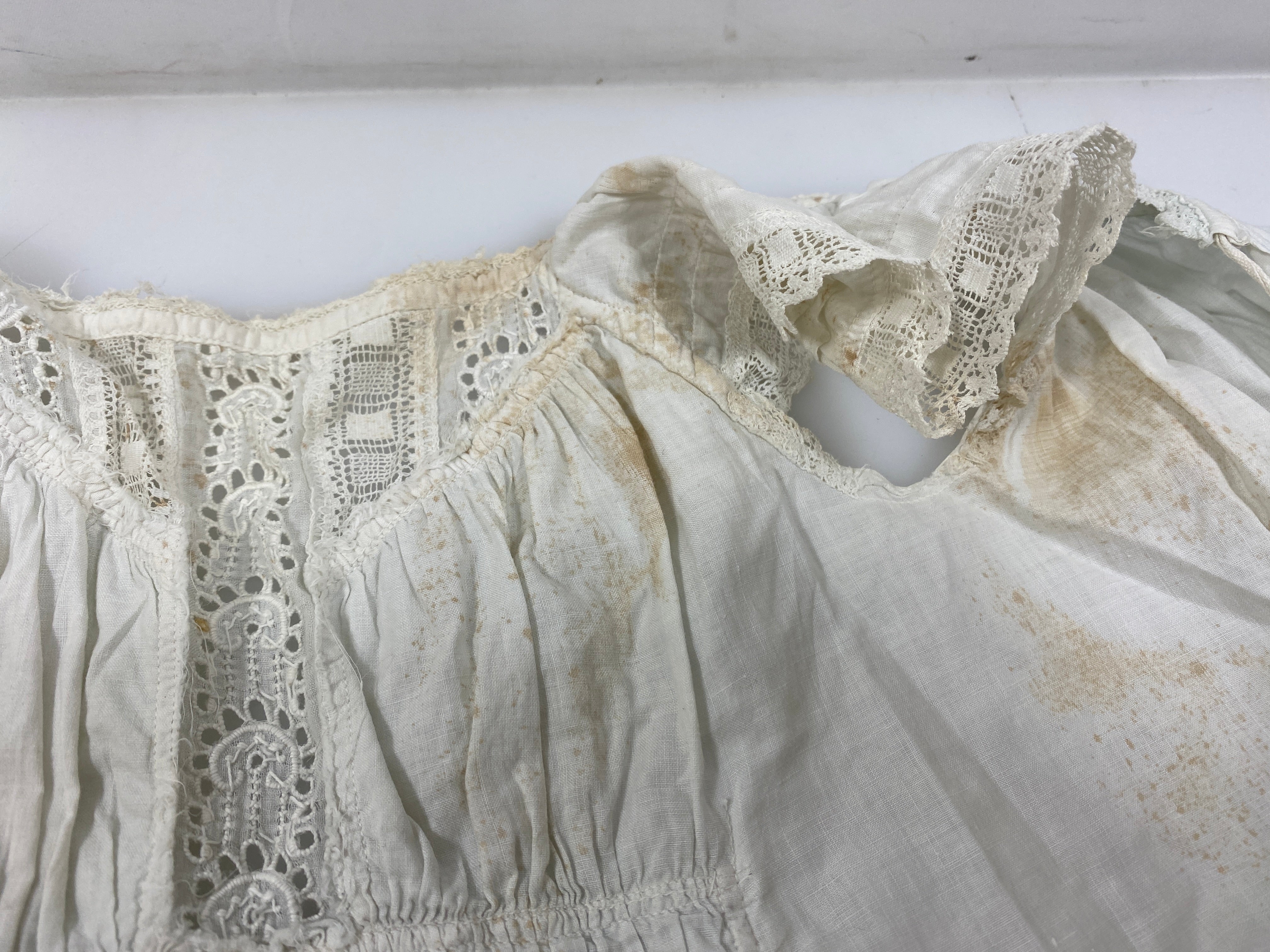 Vintage 1920s White Linen Infant's Dress with Intricate Eyelet Lace Details