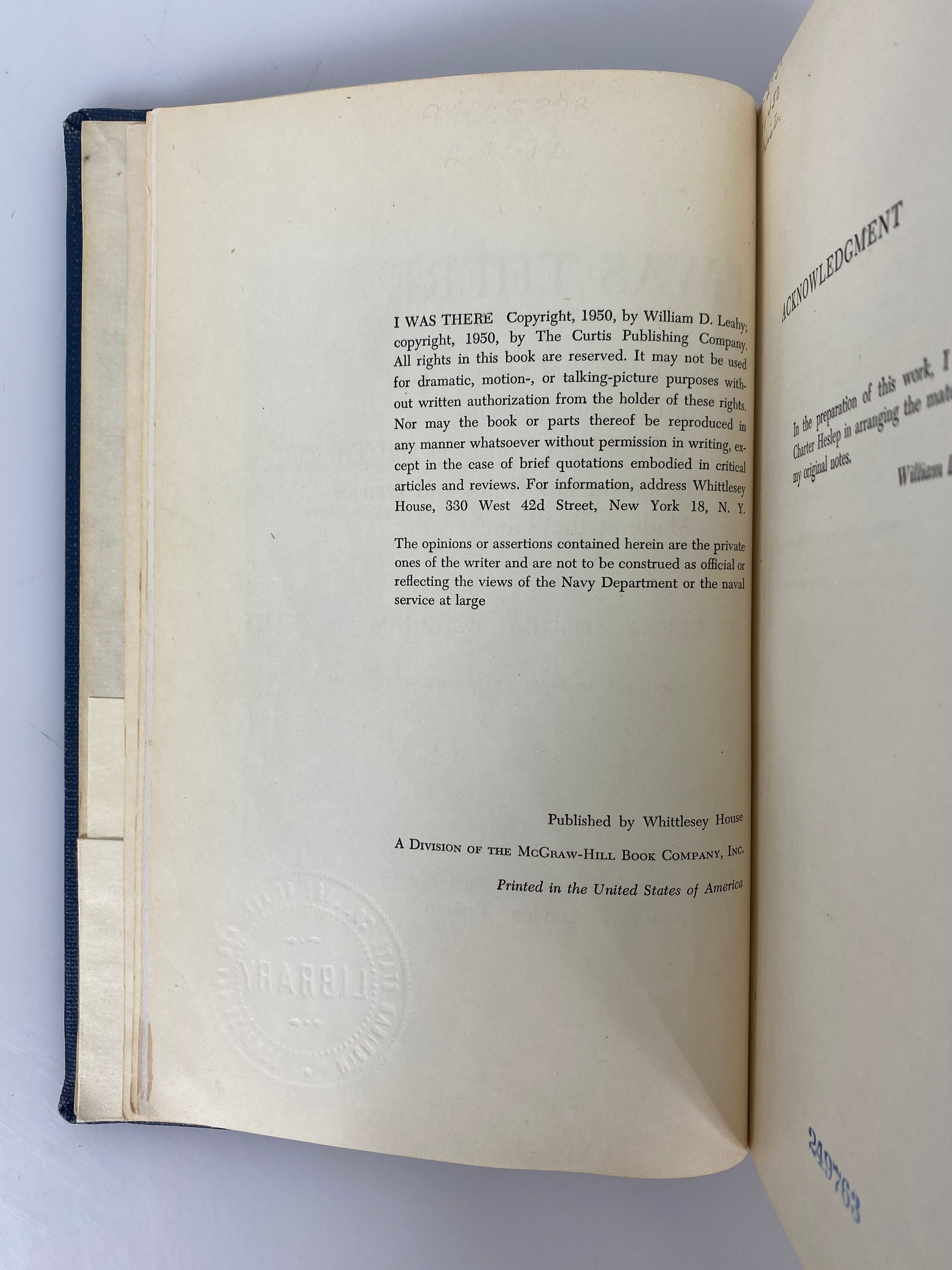 I Was There by Fleet Admiral William D. Leahy (1950) Library Binding HC