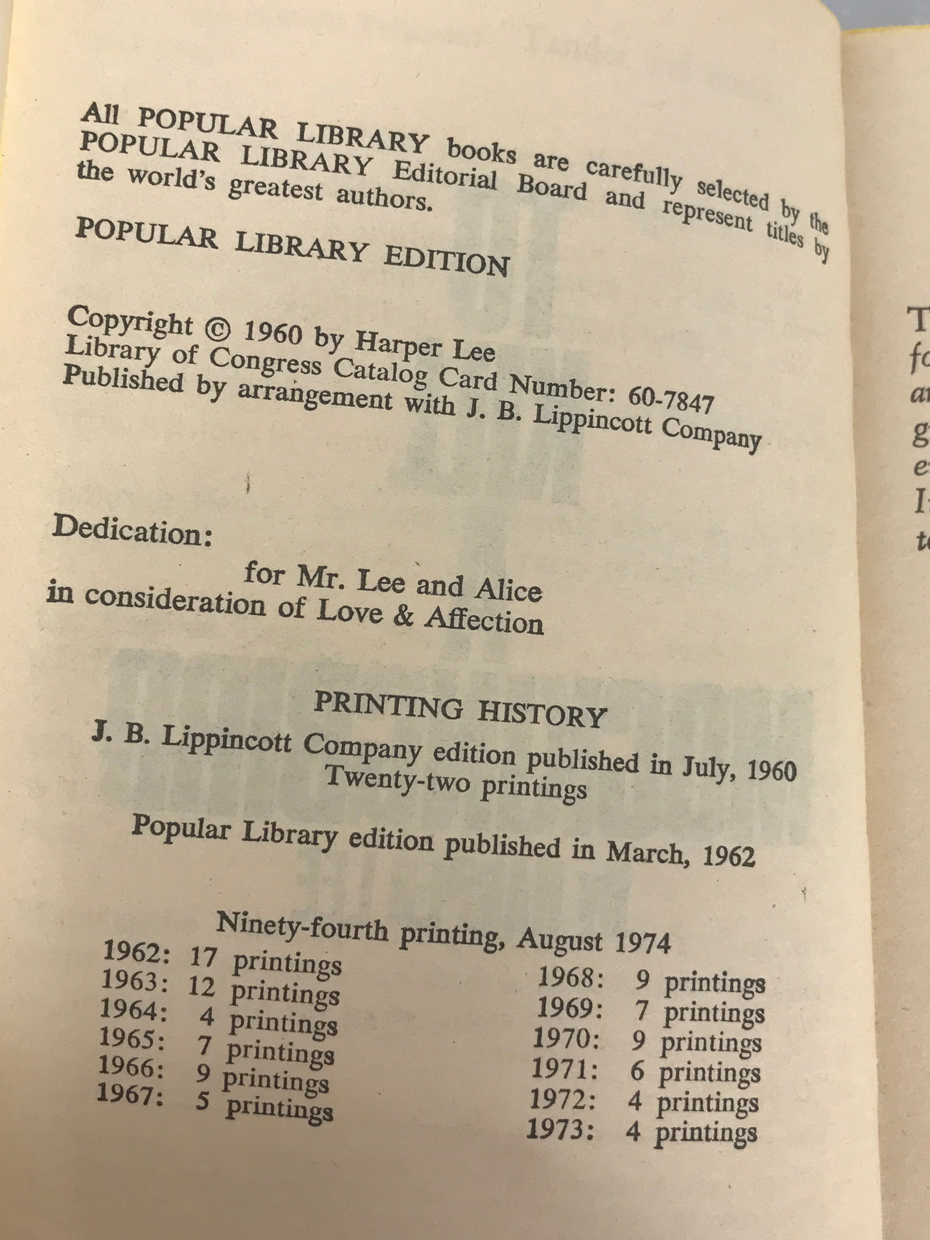 To Kill a Mockingbird by Harper Lee 1960 Popular Library Edition SC