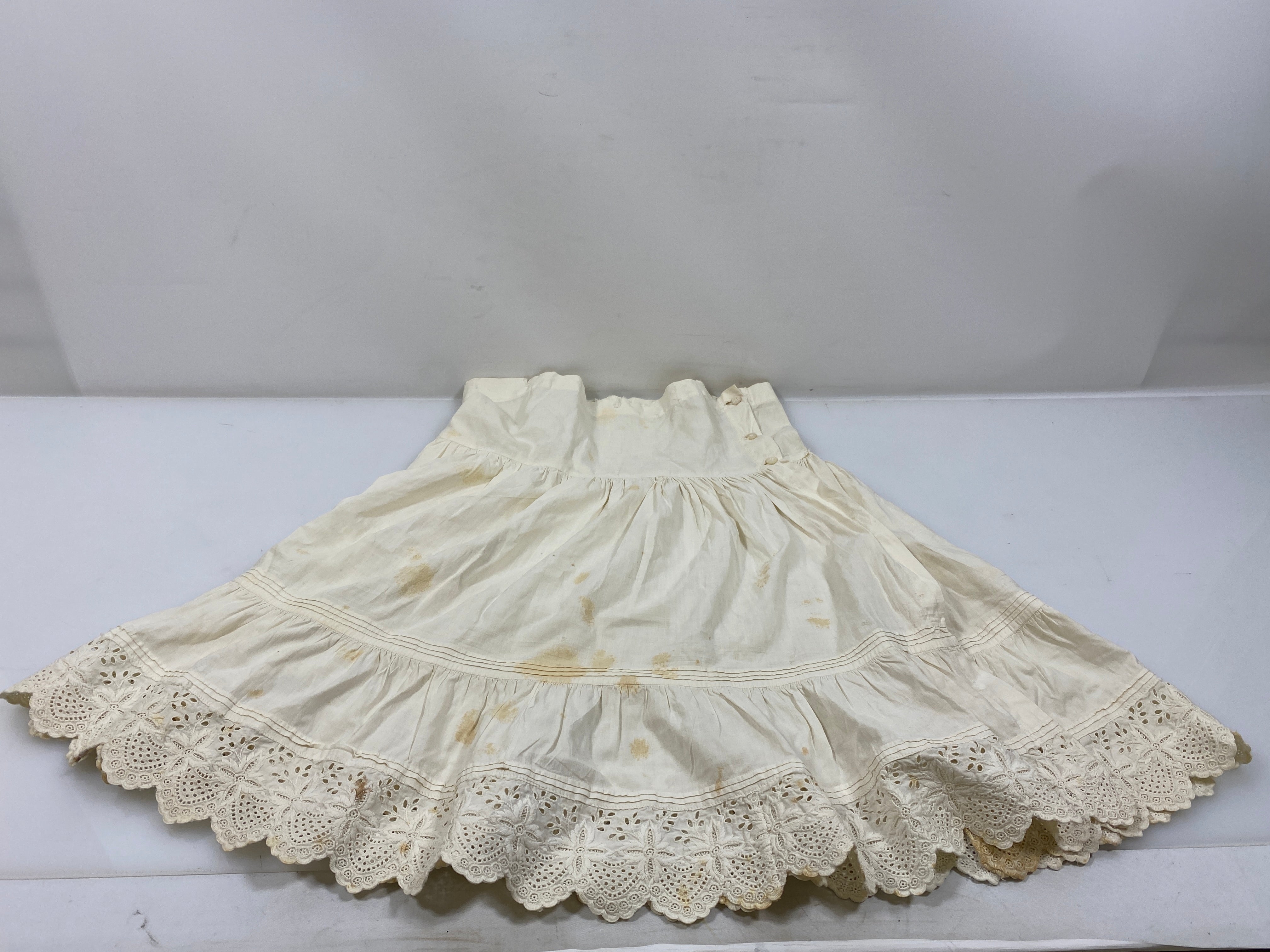 Vintage 1890s White Linen Children's Petticoat with Floral Lace Details
