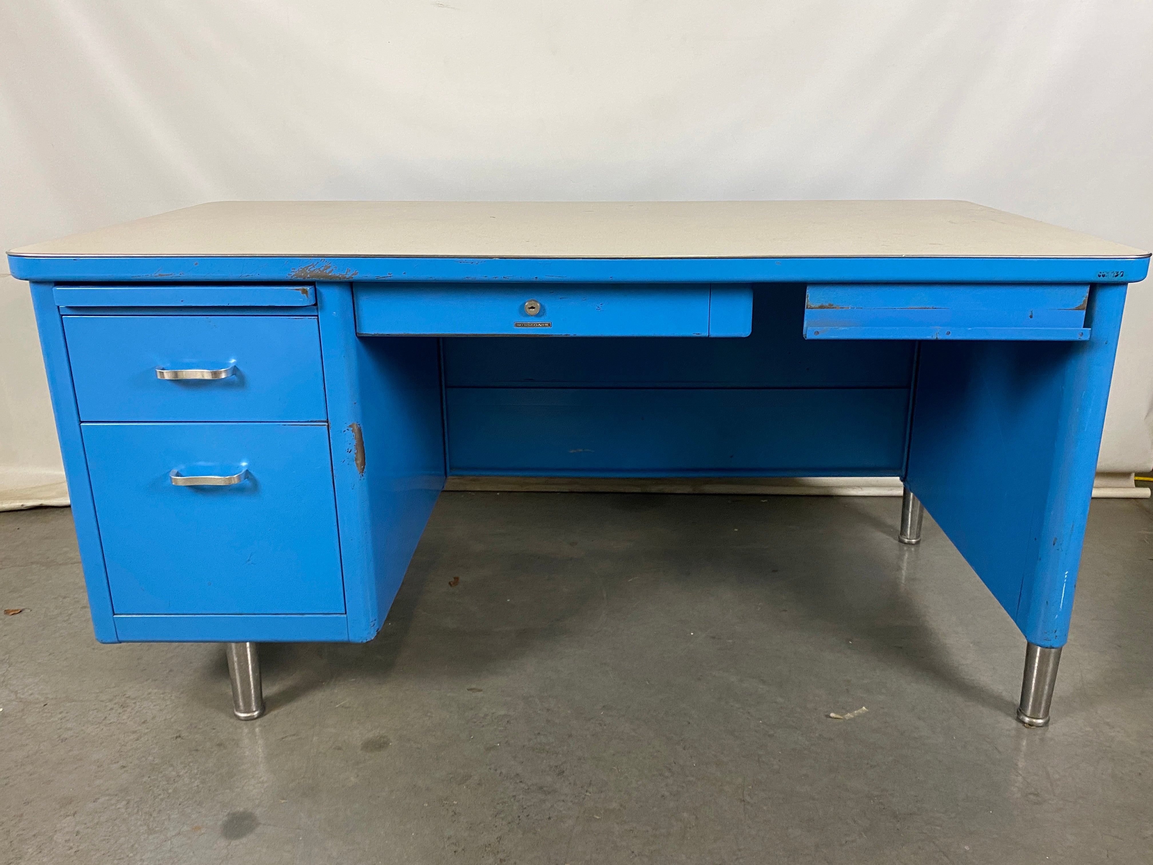 Steelcase Blue 3-Drawer Tanker Desk with Gray Top