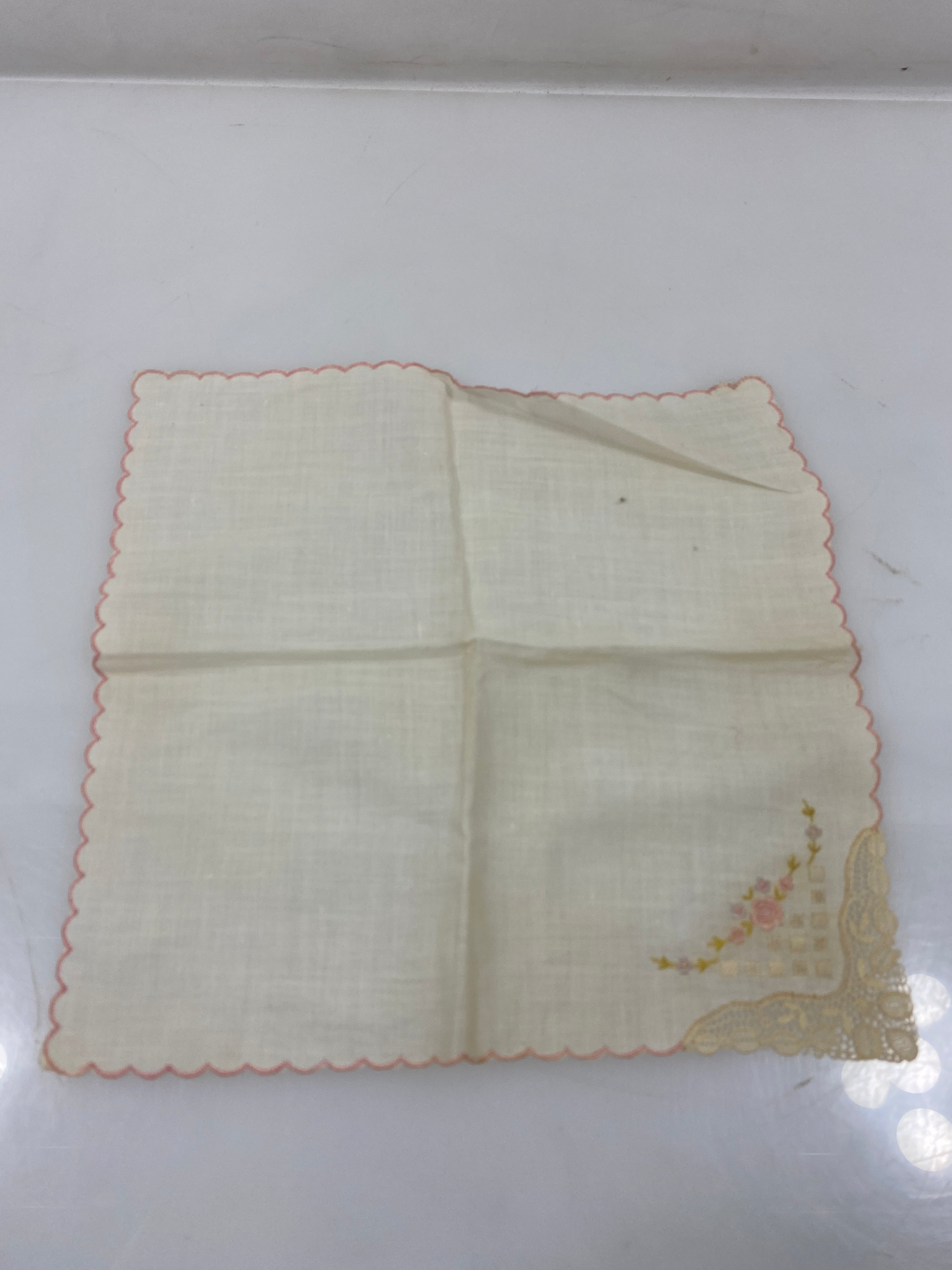 Vintage 1890s White Linen Handkerchief with Pastel Embroidery