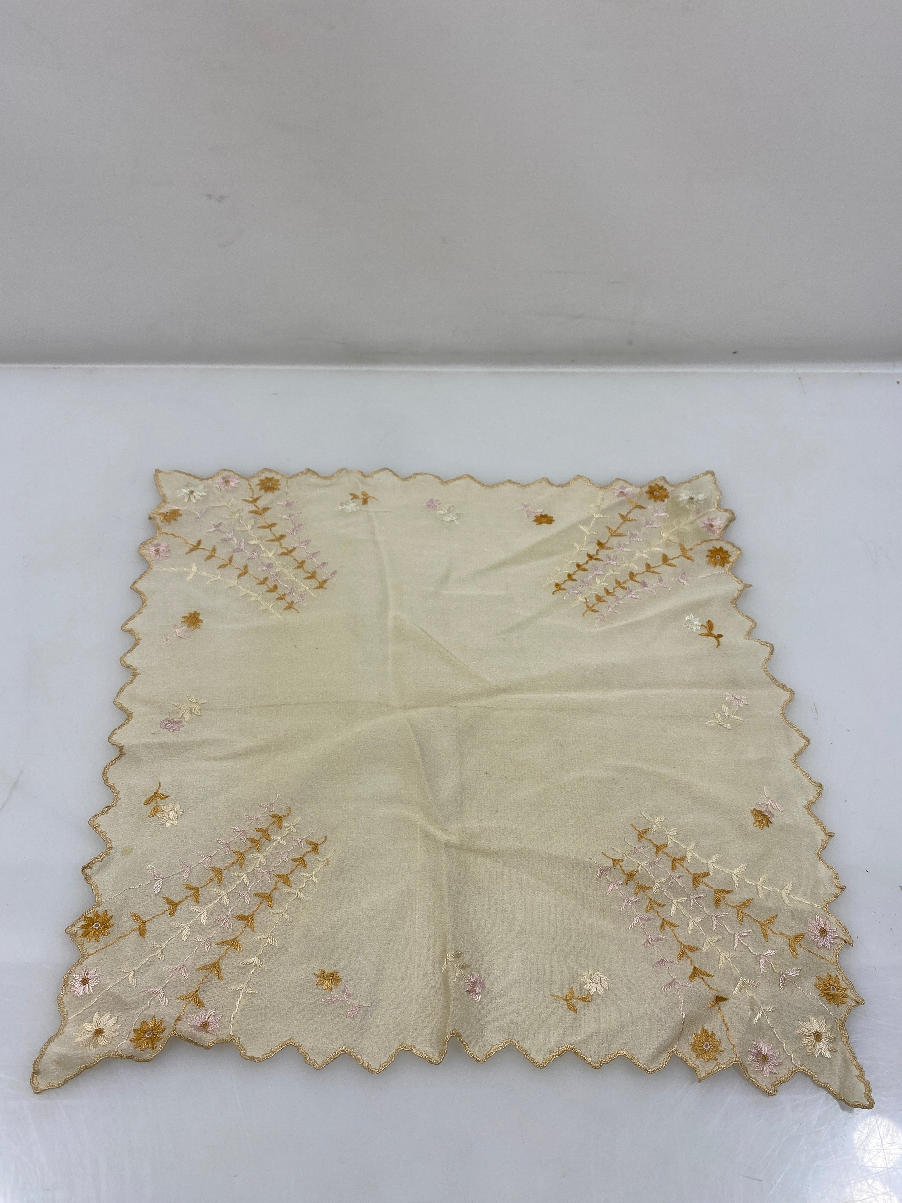 Vintage 1900s Tan Sheer Handkerchief with Floral Embroidery