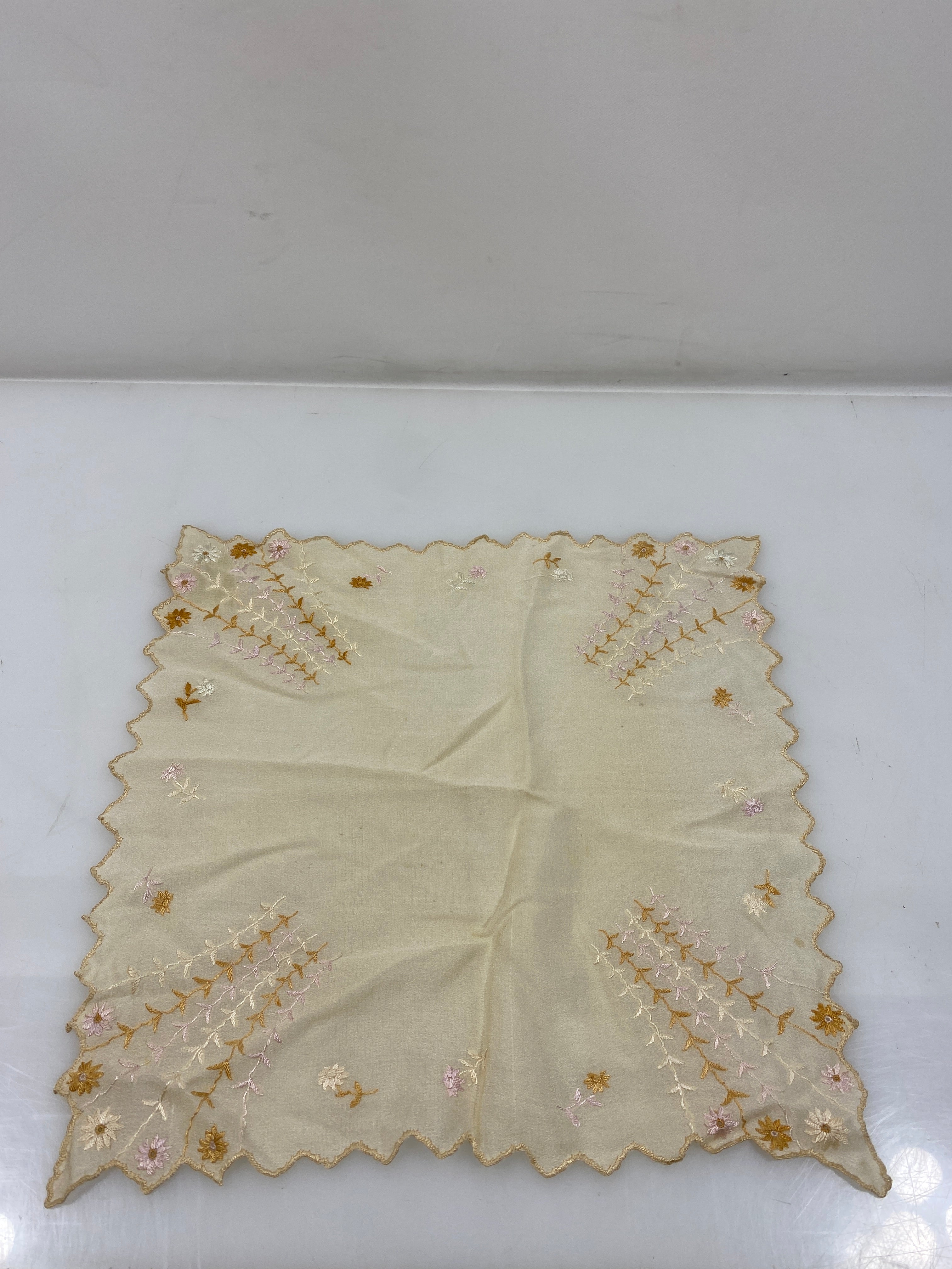 Vintage 1900s Tan Sheer Handkerchief with Floral Embroidery