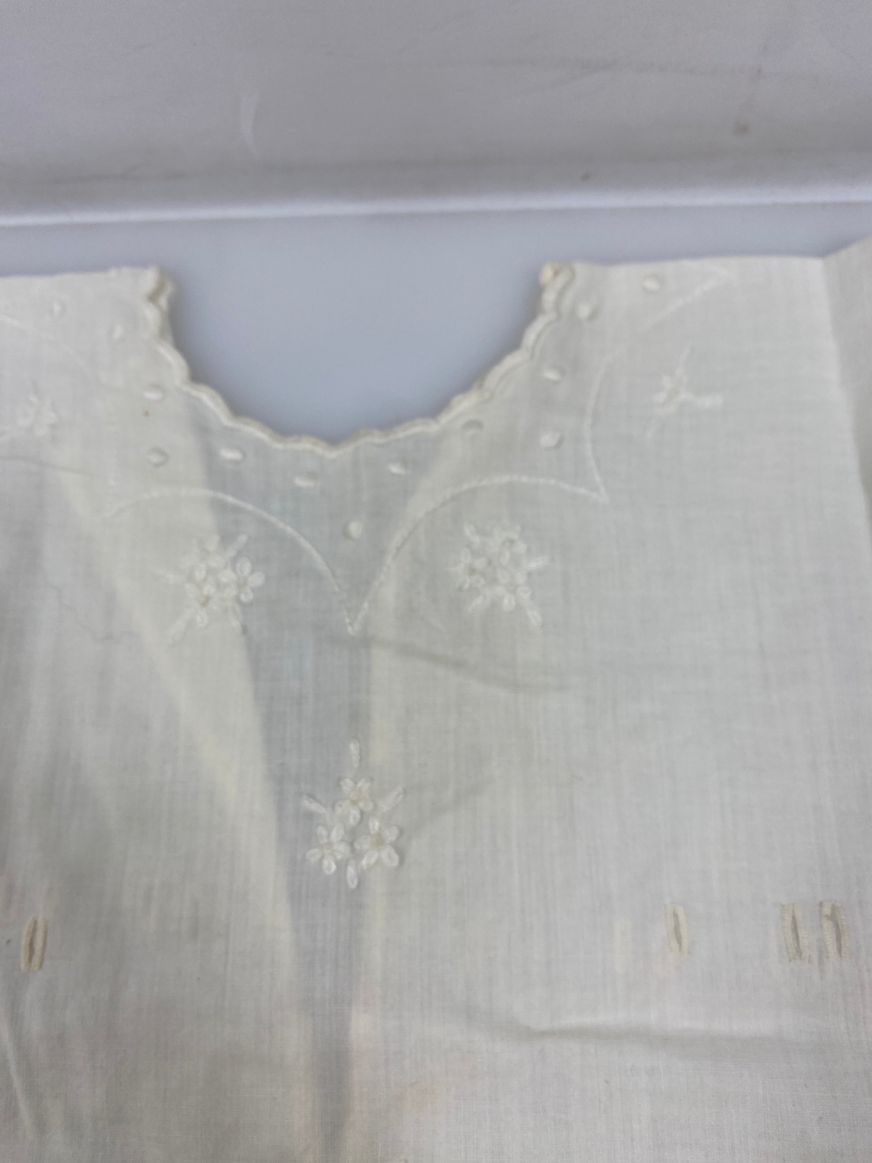 Vintage 1910s White Linen Infant's Dress with Floral Embroidery