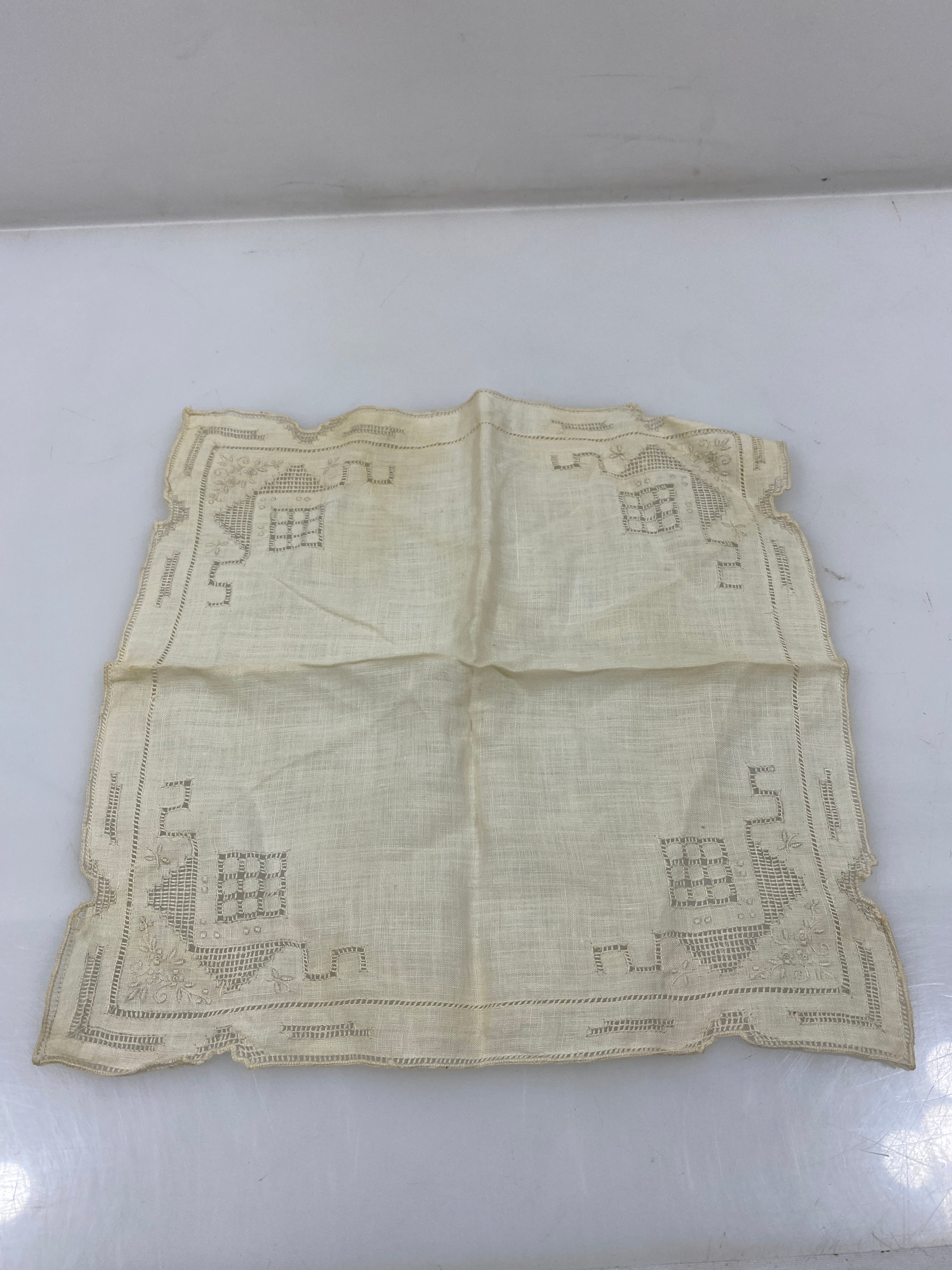 Vintage 1910s Tan Linen Handkerchief with Lace Details