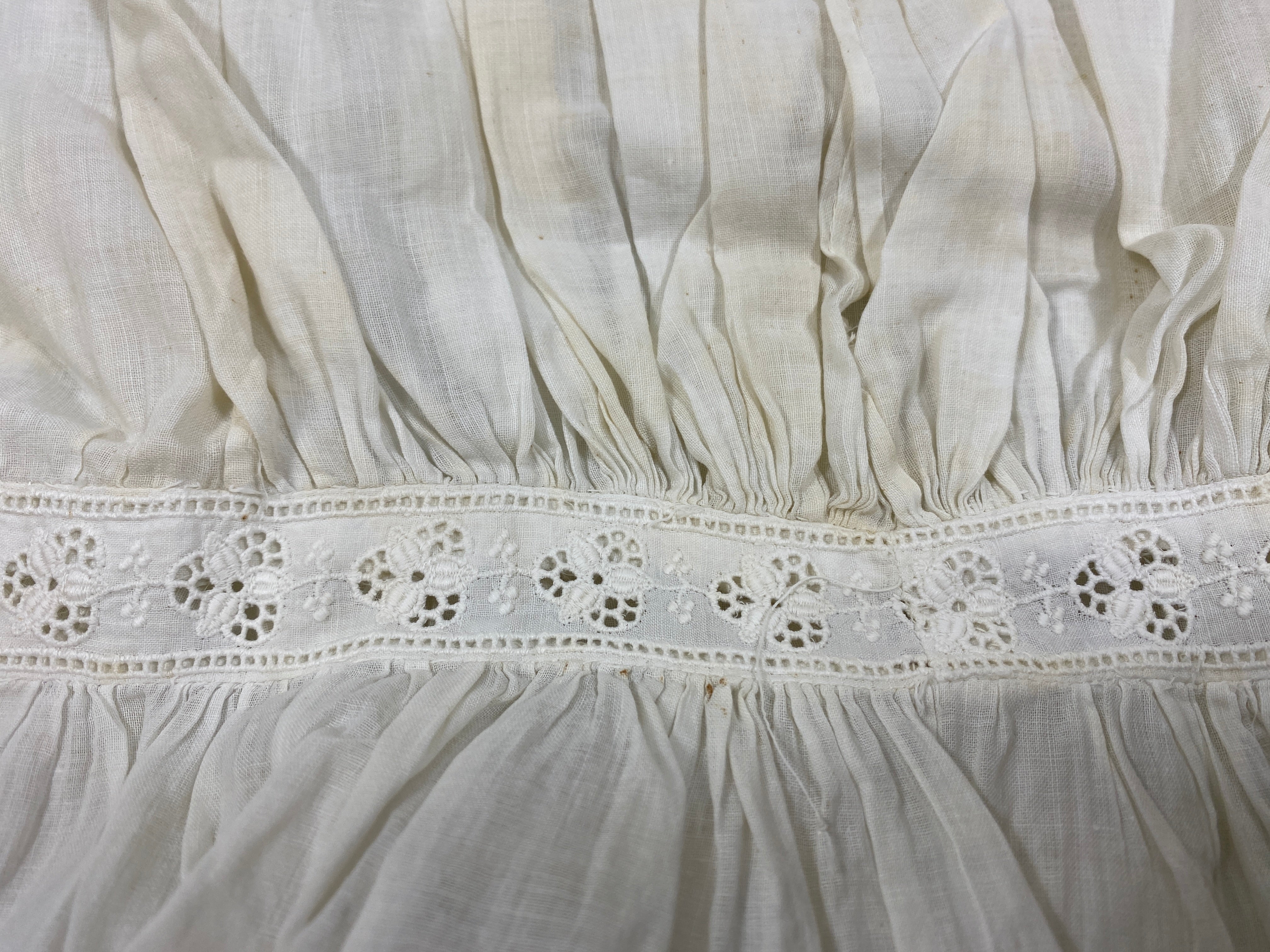 Vintage 1910s White Linen Baby's Dress With Floral Lace Details
