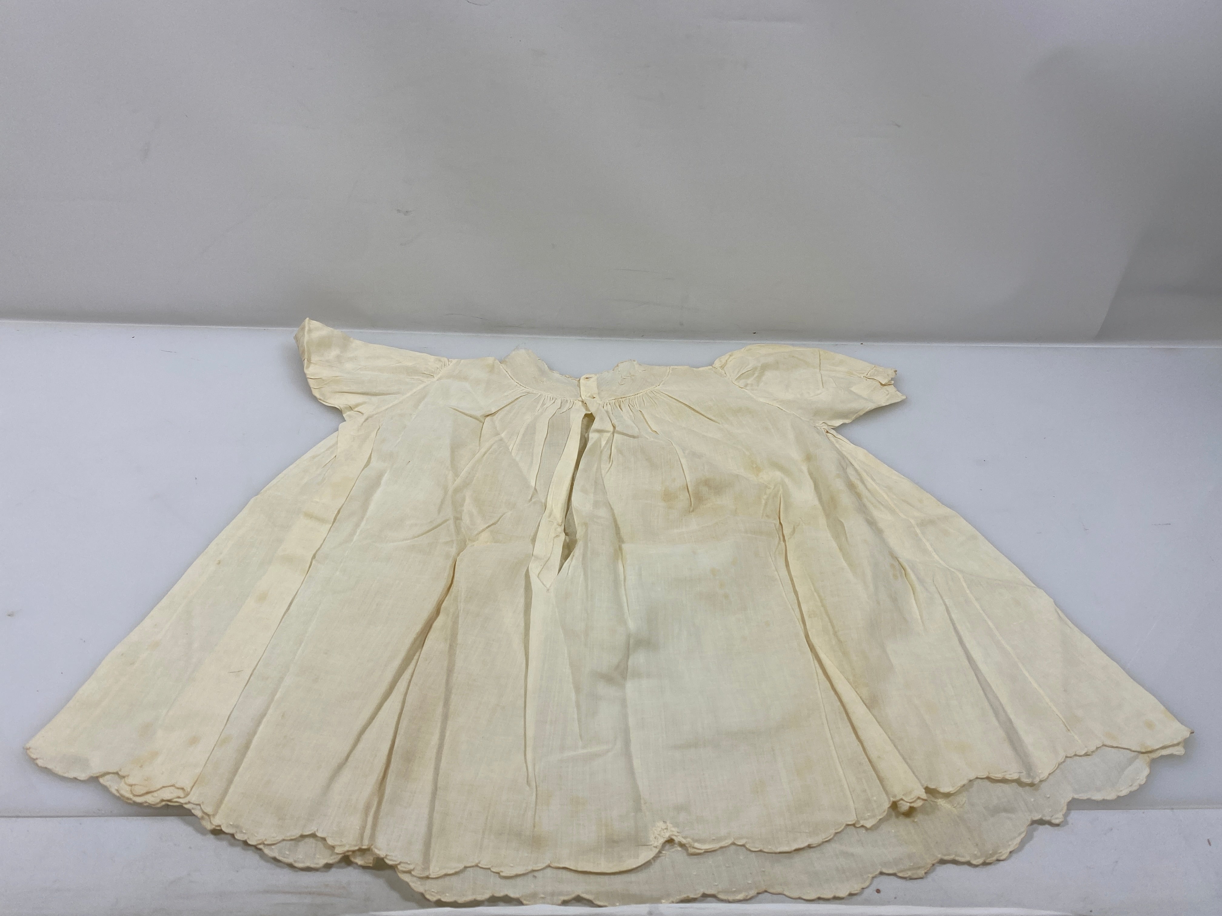 Vintage 1935 Tan Linen Infant's Dress with Floral Embroidery
