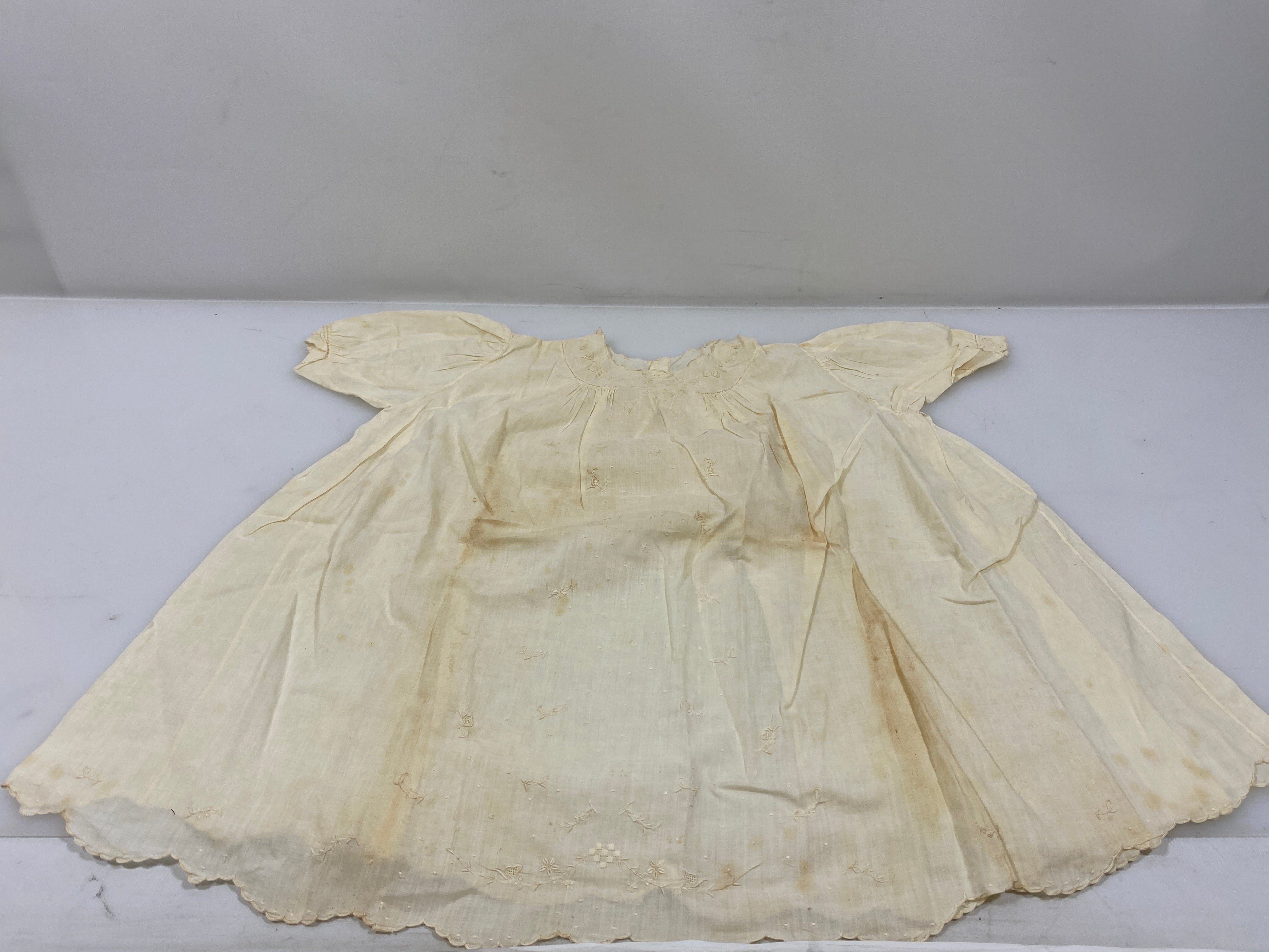 Vintage 1935 Tan Linen Infant's Dress with Floral Embroidery
