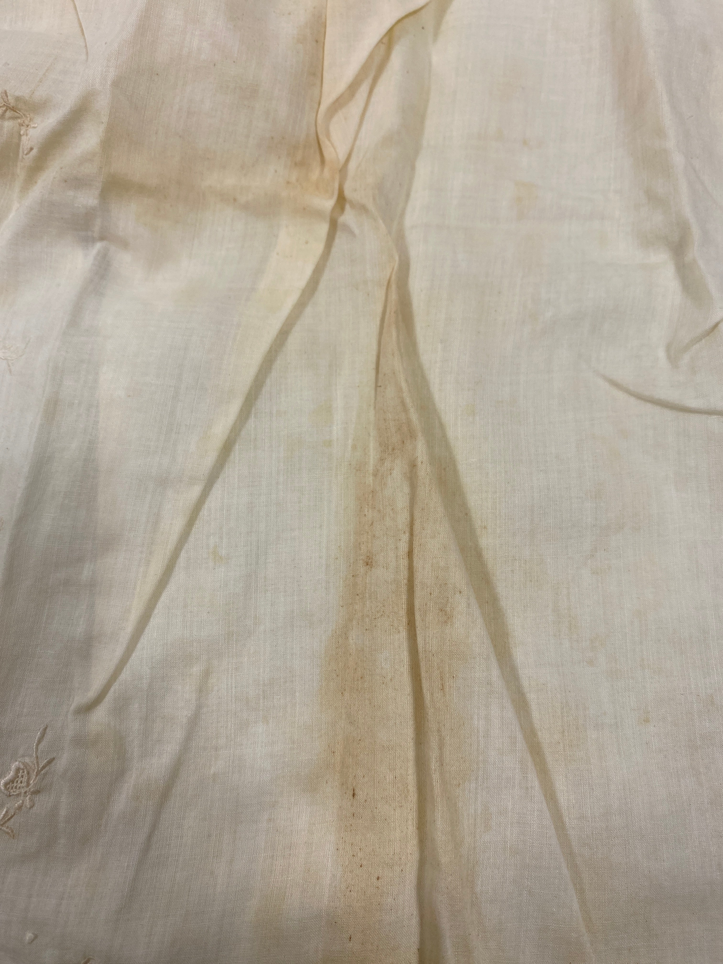Vintage 1935 Tan Linen Infant's Dress with Floral Embroidery