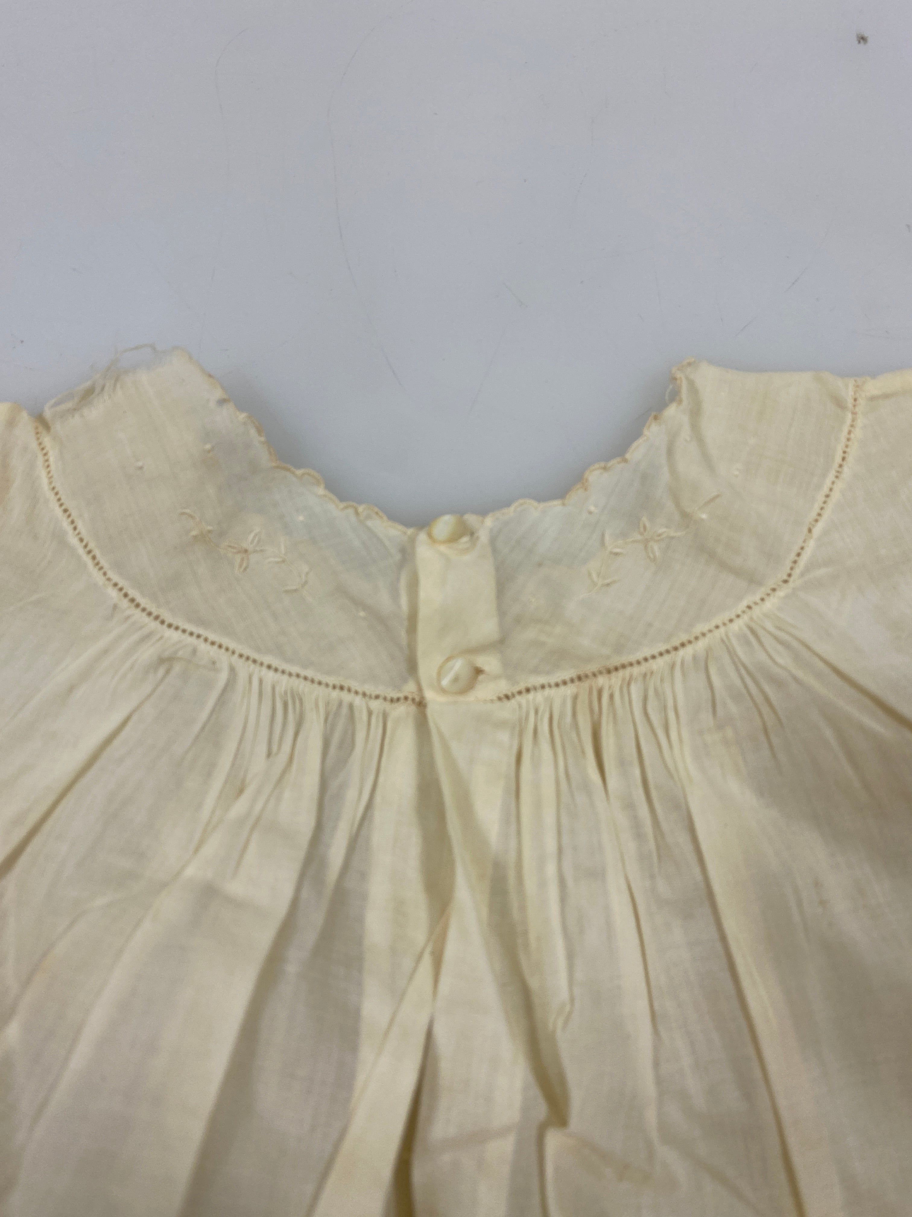 Vintage 1935 Tan Linen Infant's Dress with Floral Embroidery