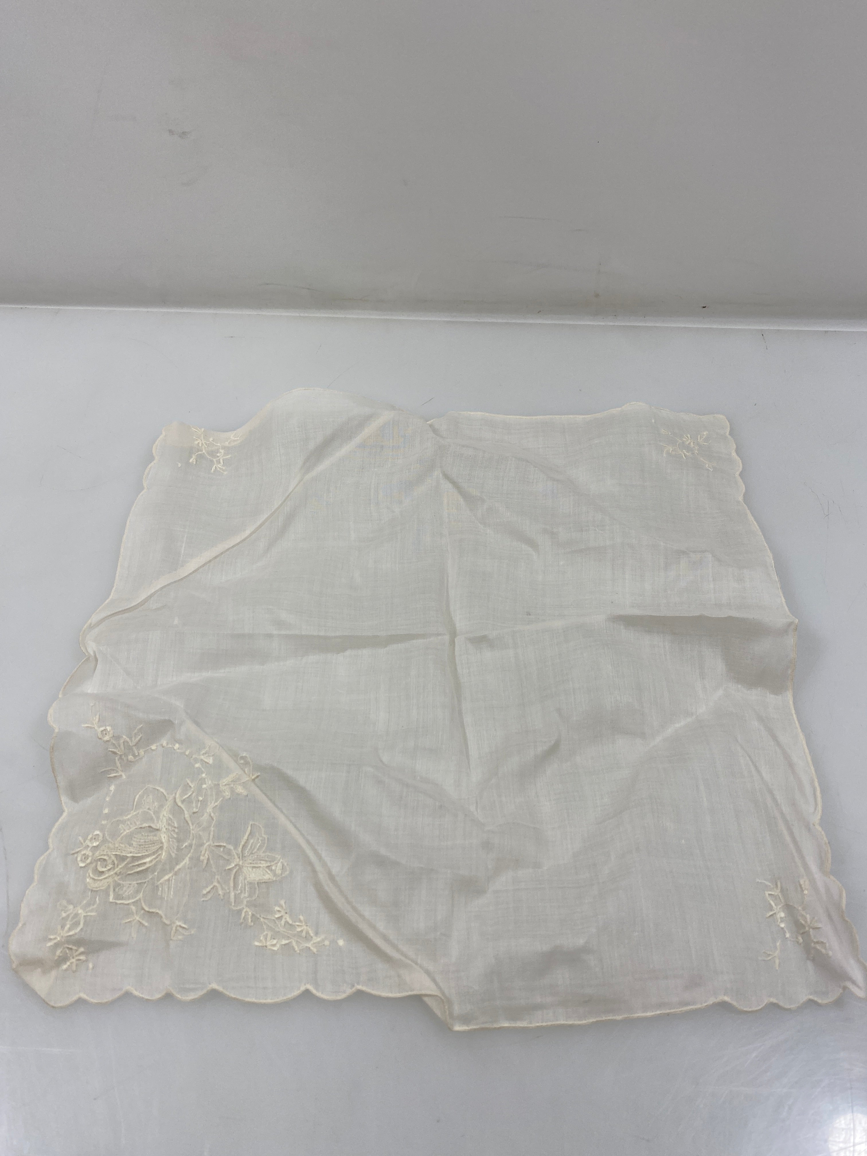 Vintage 1920s Sheer White Handkerchief with Embroidered Flowers