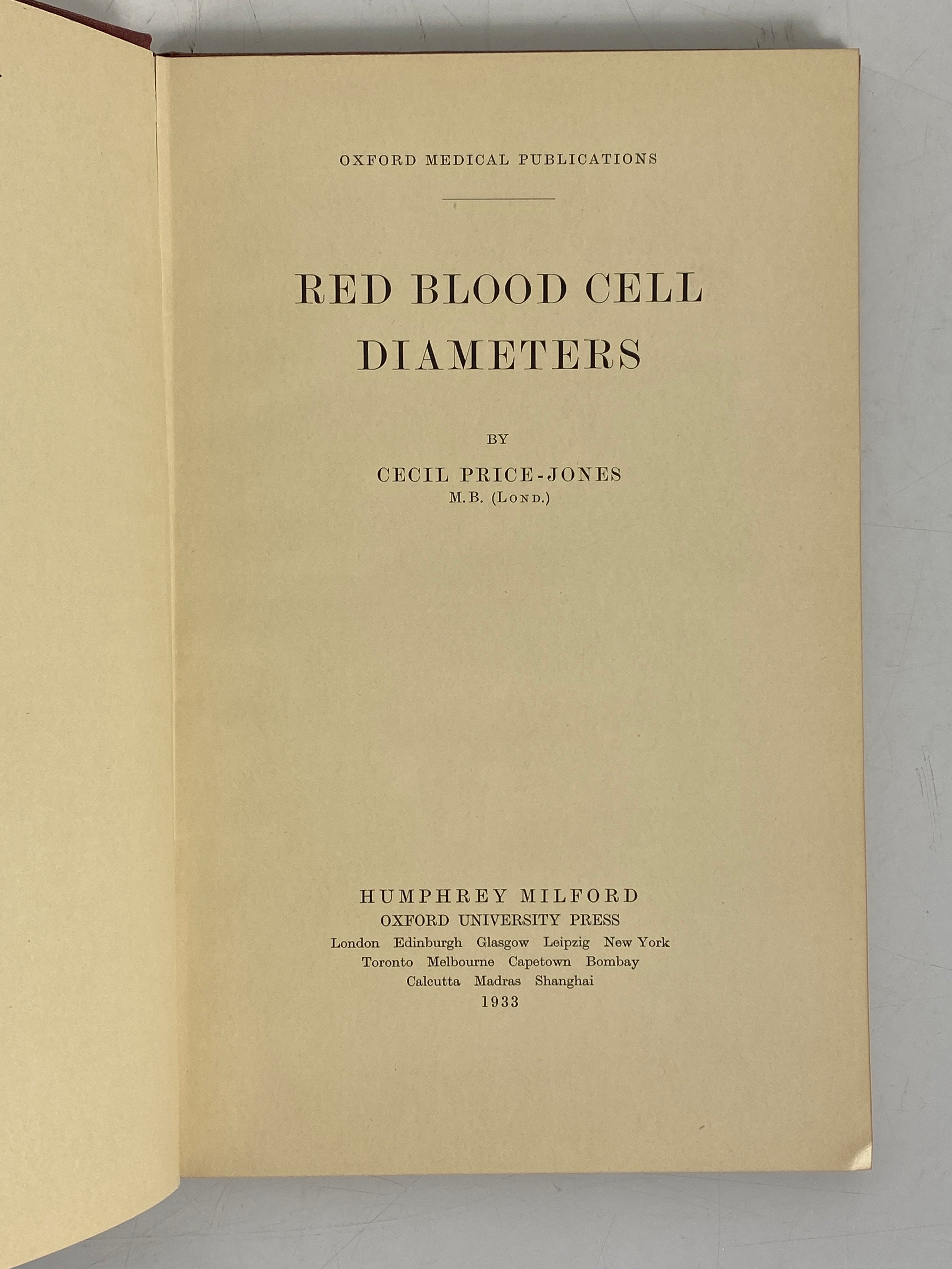 Red Blood Cell Diameters by Cecil Price-Jones Rare 1933 HC Ex-Library