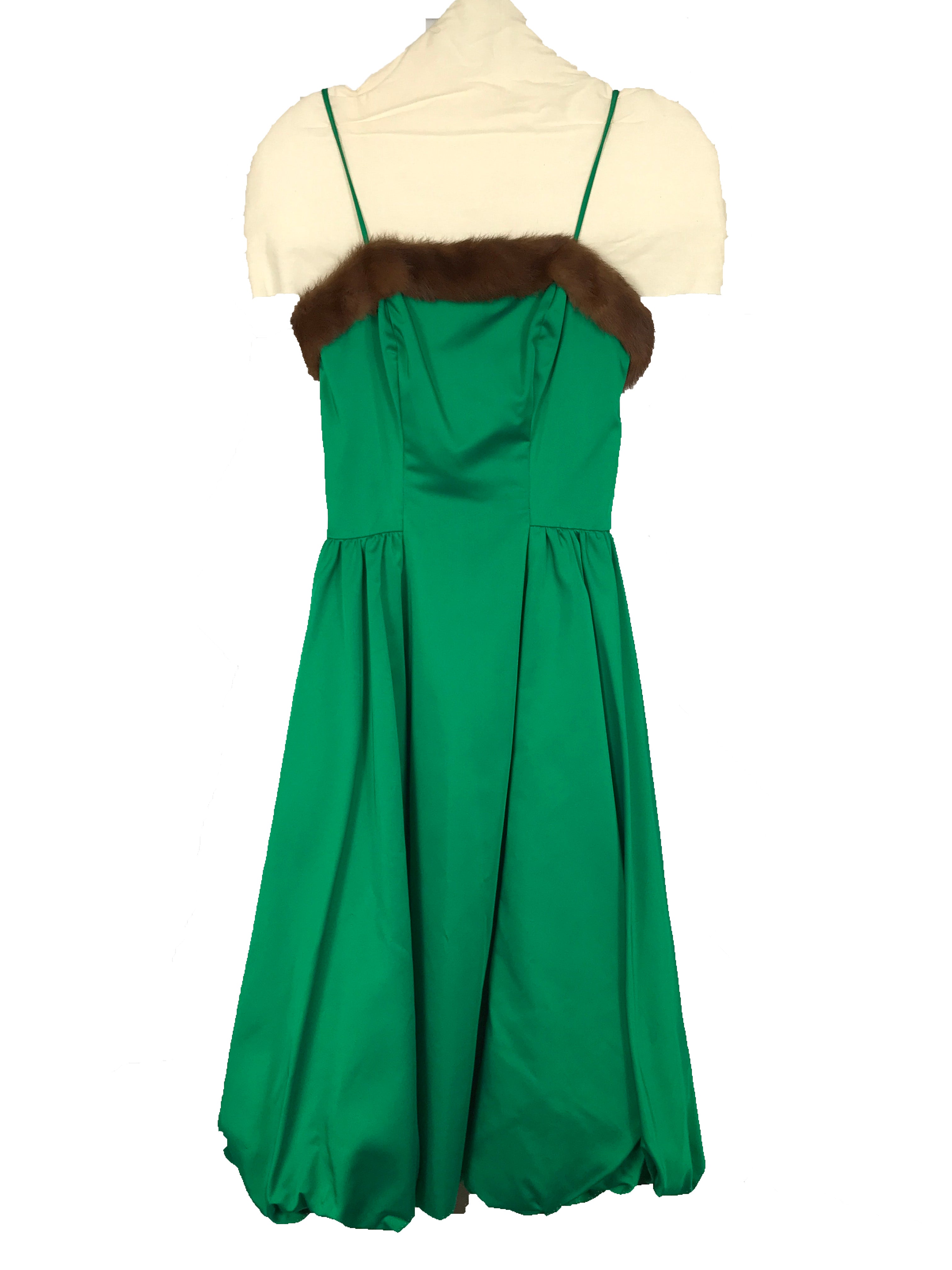 Vintage Mitzi Morgan Exclusively Neusteters Green Satin Evening Gown with Fur Trim Women's Size 7