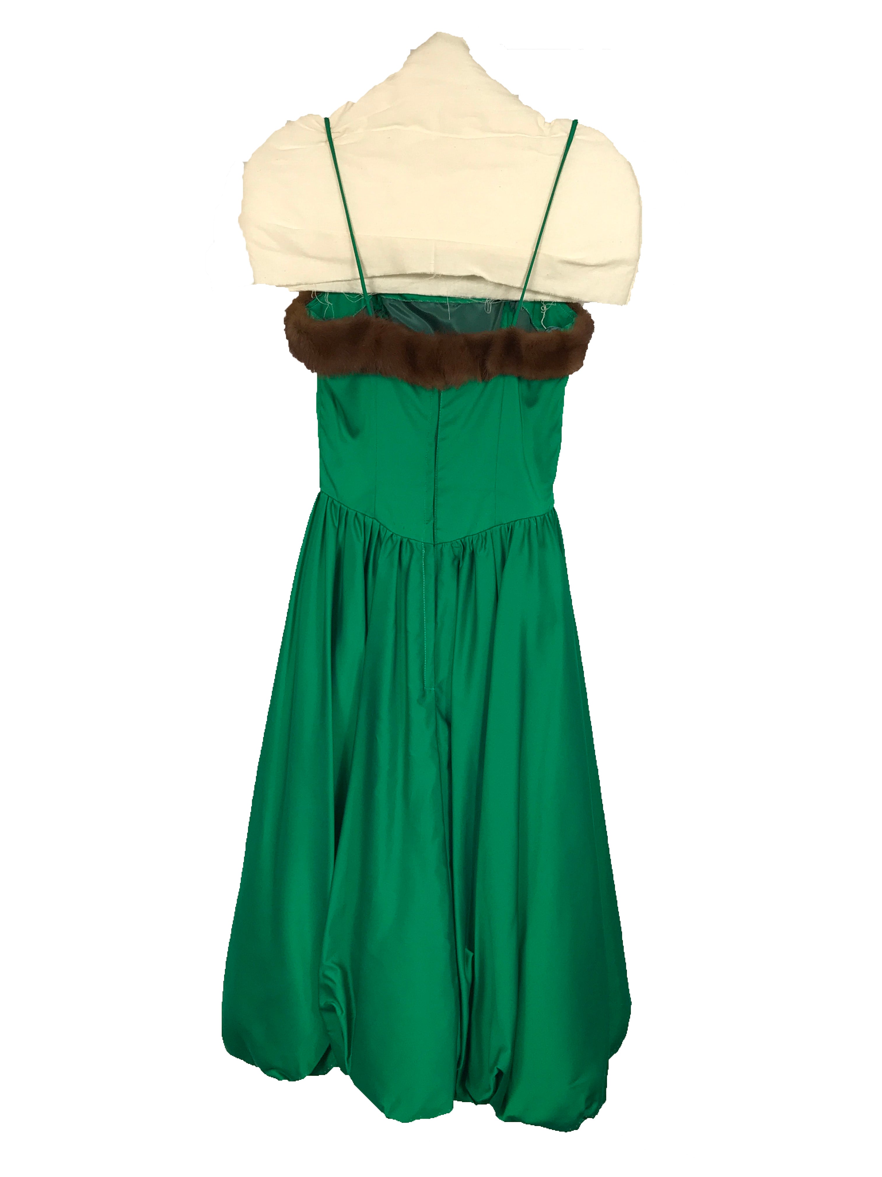 Vintage Mitzi Morgan Exclusively Neusteters Green Satin Evening Gown with Fur Trim Women's Size 7