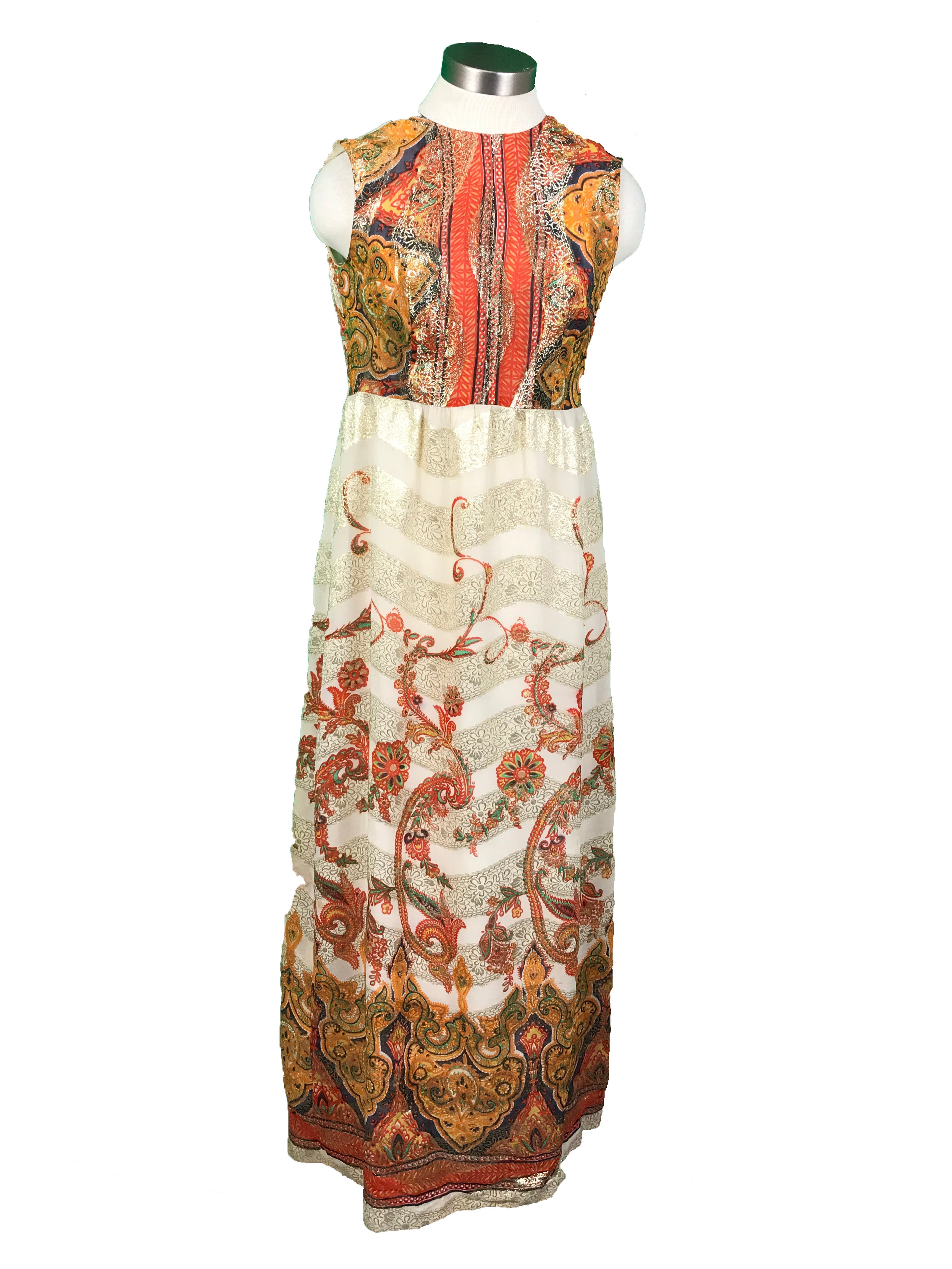 Vintage Floor Length Women's Paisley Dress with Gold Detailing