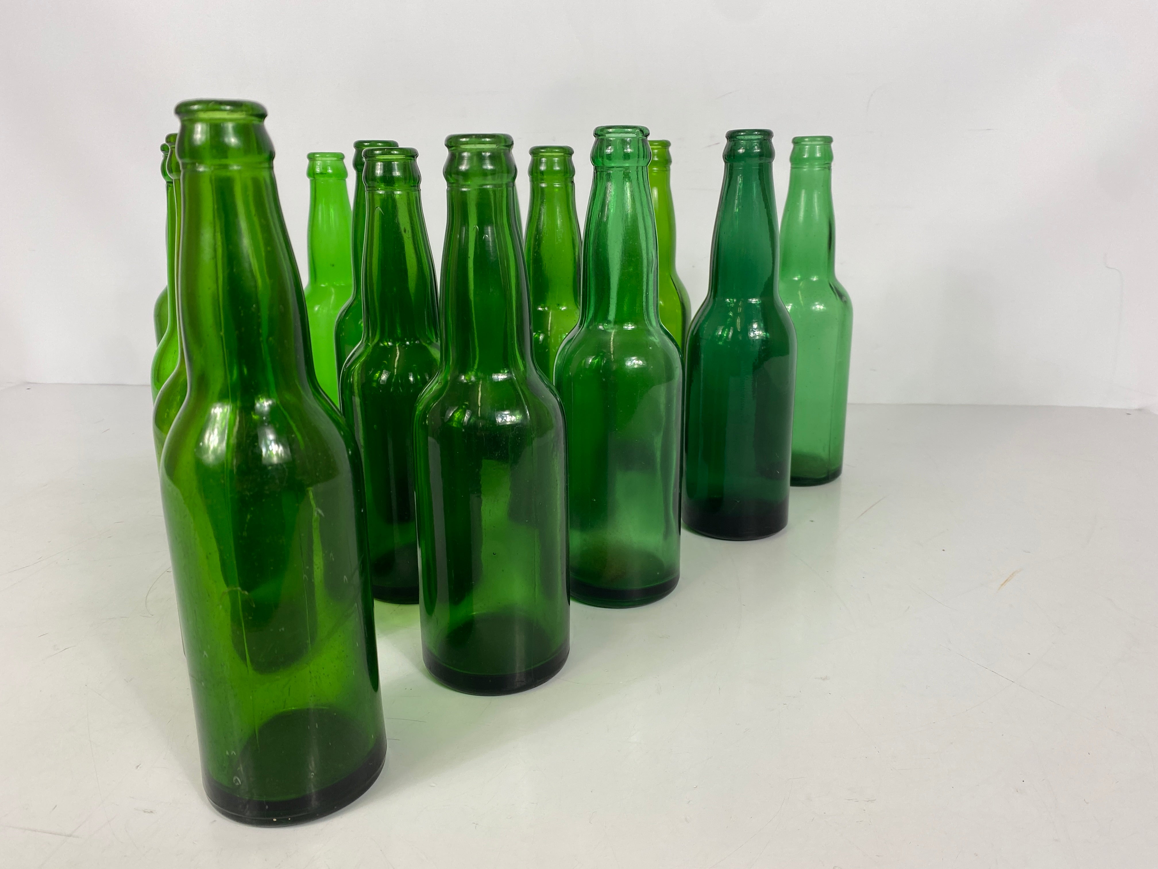 Lot of 15 Vintage Green Glass Bottles