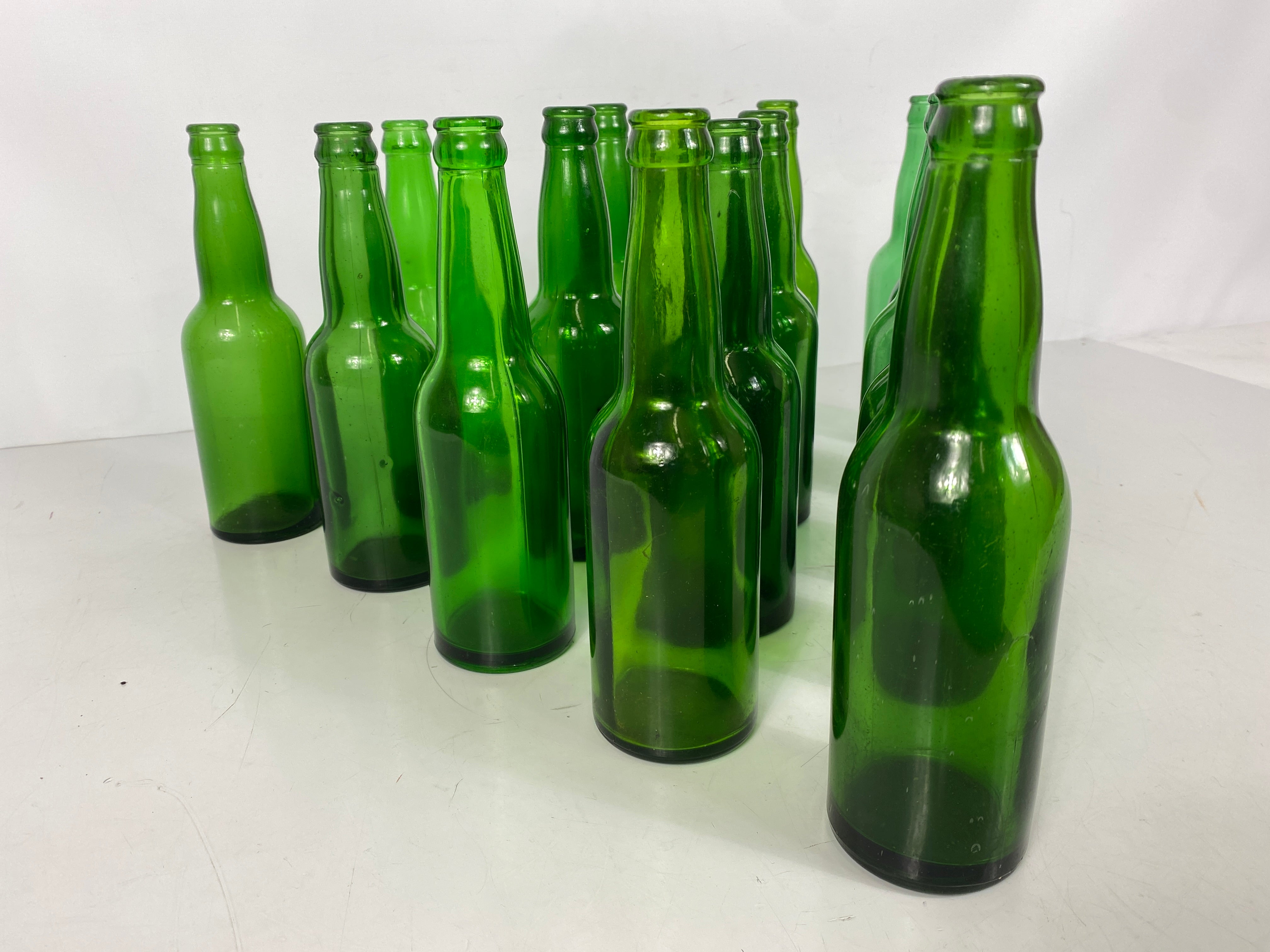 Lot of 15 Vintage Green Glass Bottles