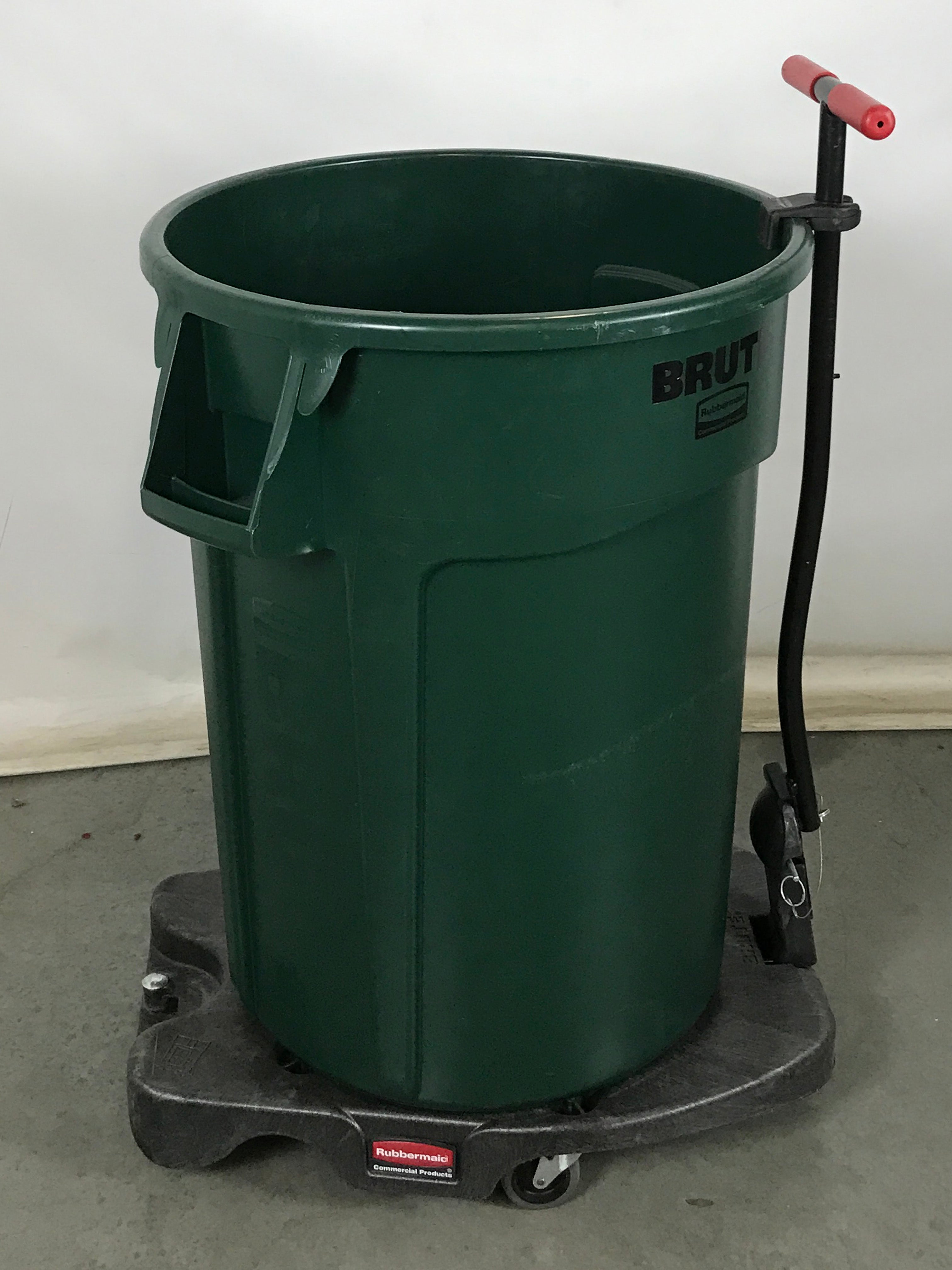 Brute Rubbermaid Trash Bin with Rolling Trolley Attachment and Handle