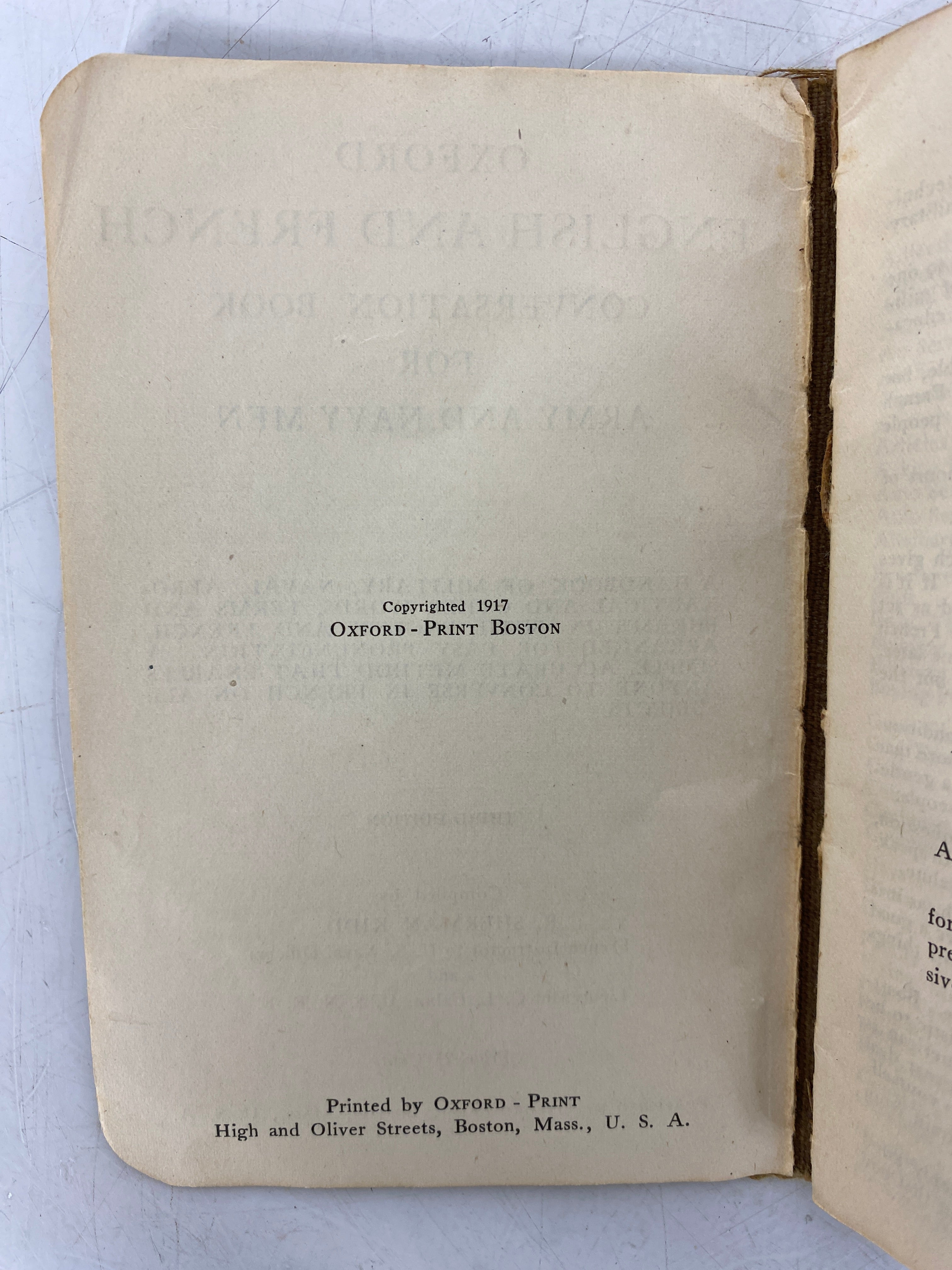 Oxford English/French Conversation Book for Army & Navy Men 1917 SC