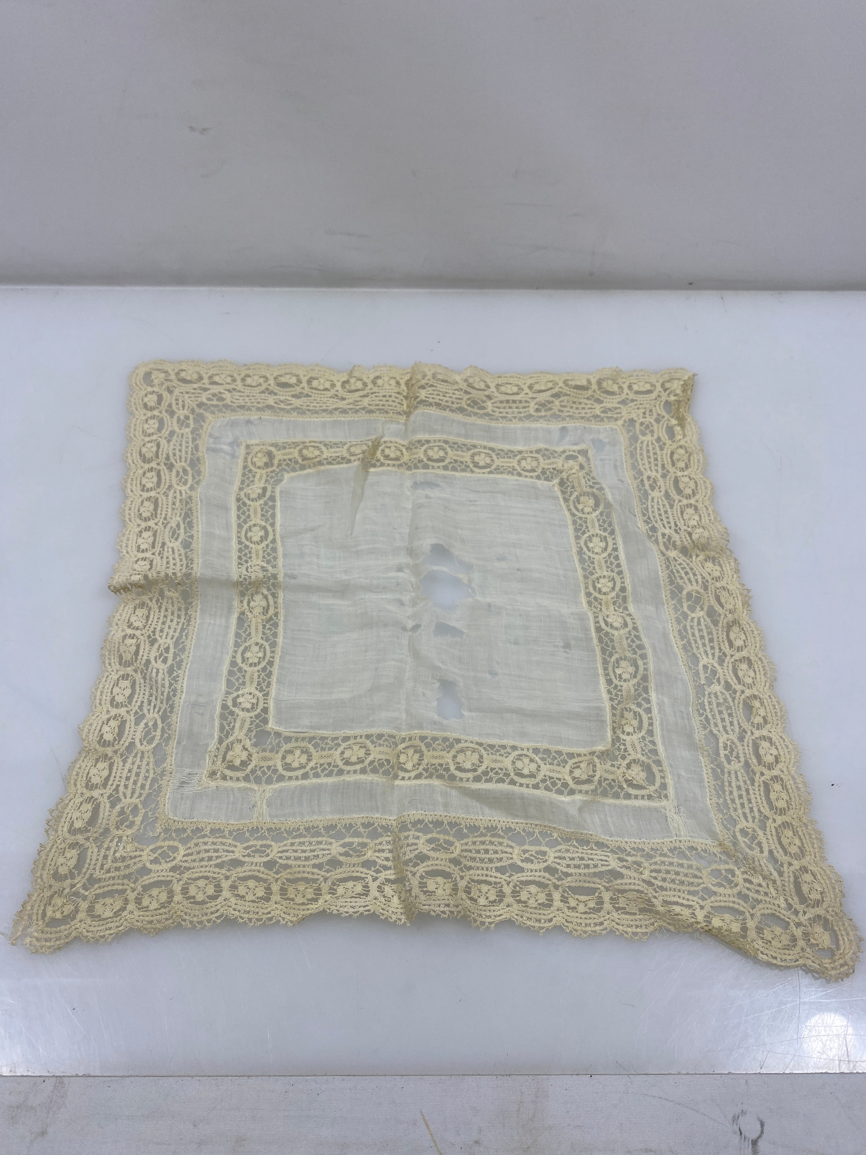 Vintage 1890s White Linen Handkerchief with Lace Border