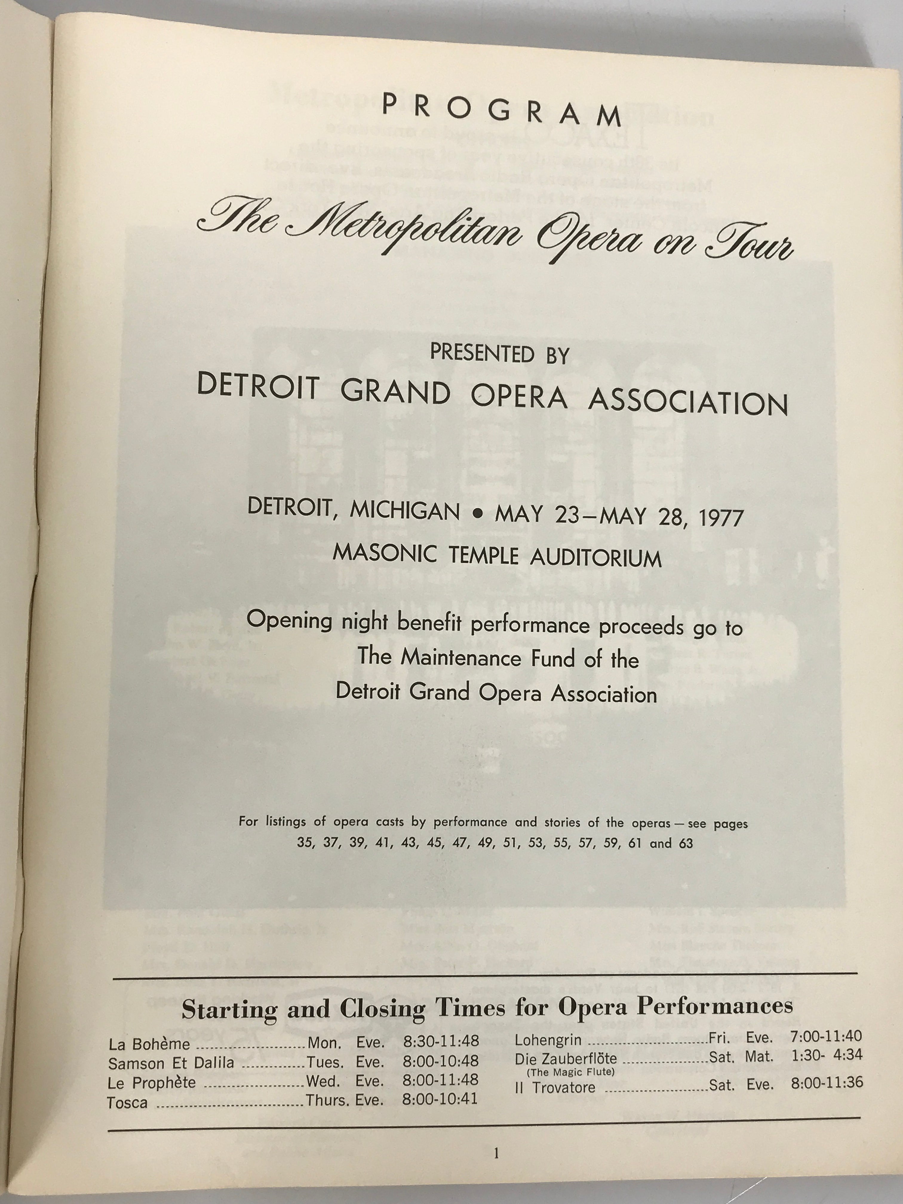 The Metropolitan Opera on Tour May 23-May 28 1977 Detroit Masonic Temple SC